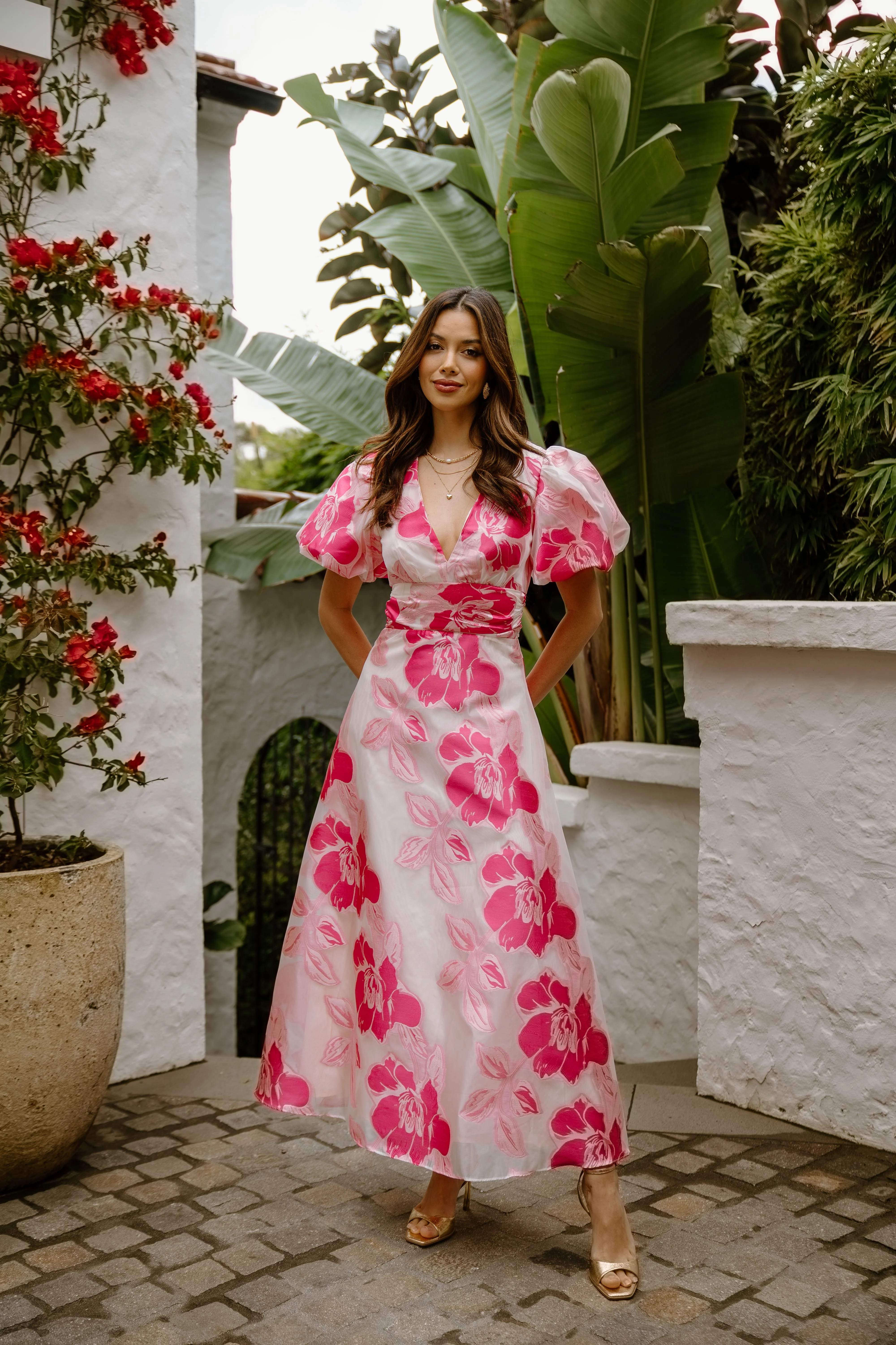 Abby Puffed Sleeve Pink Floral Maxi Dress - Image 3