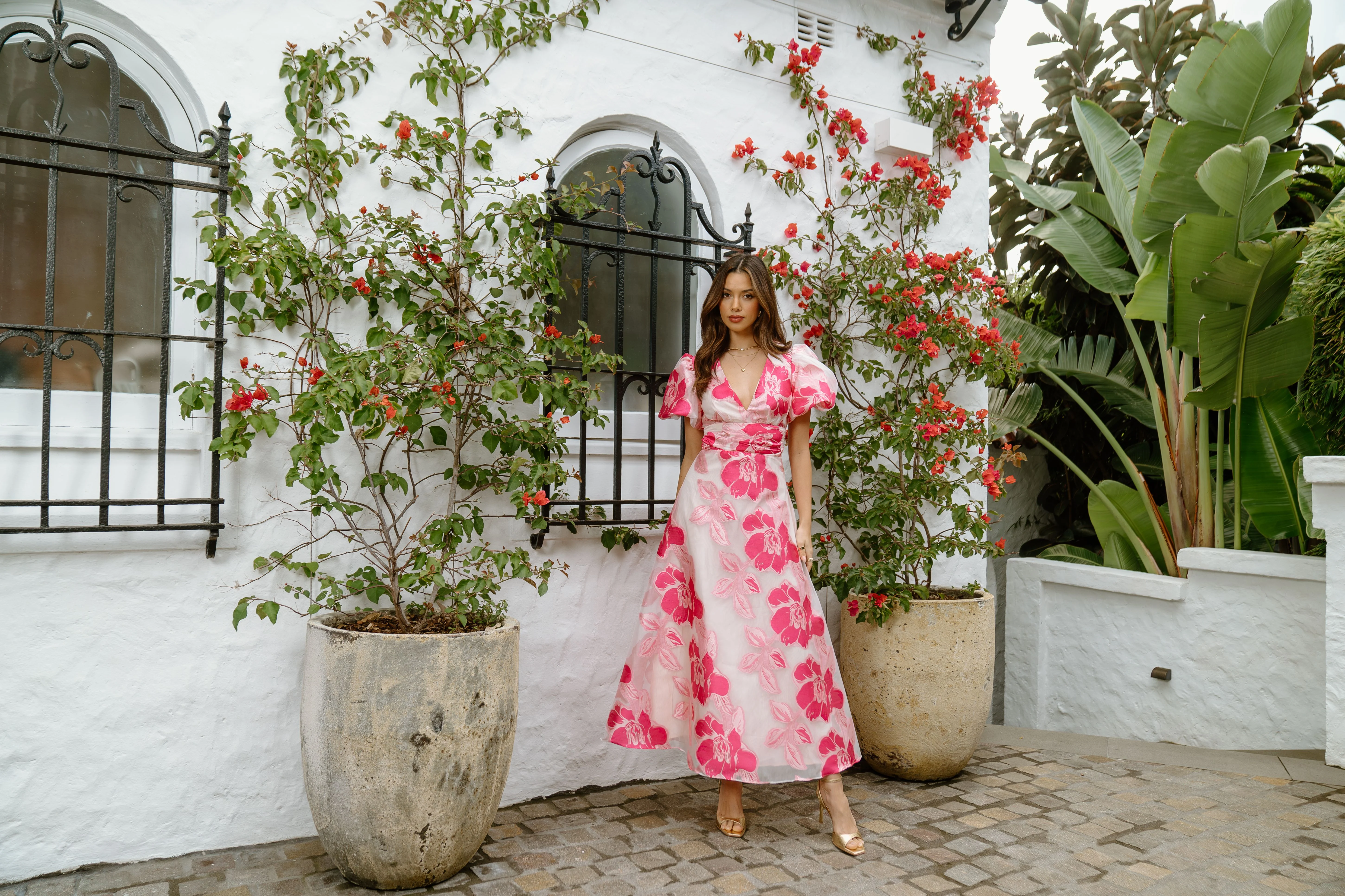 Abby Puffed Sleeve Pink Floral Maxi Dress - Image 5