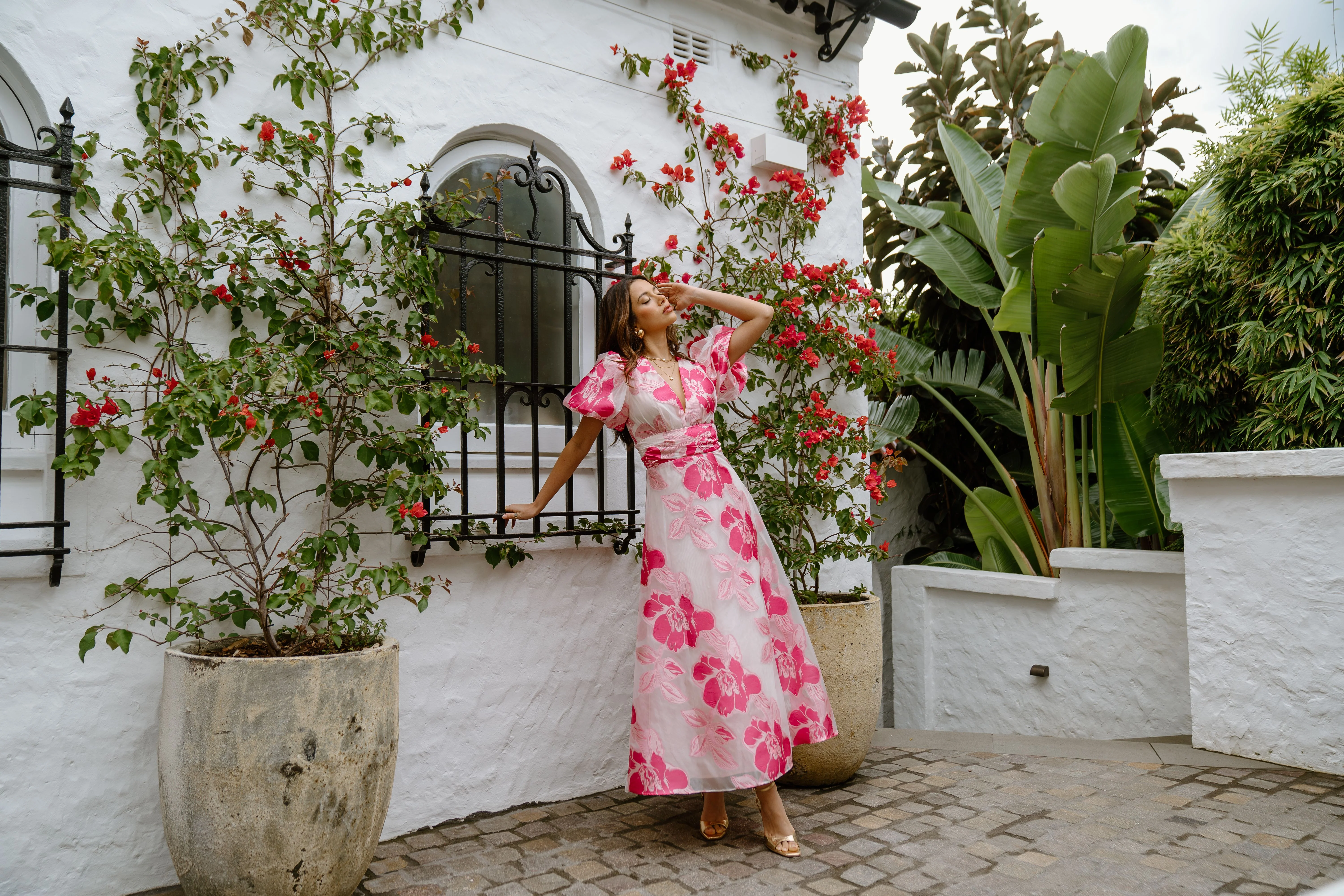 Abby Puffed Sleeve Pink Floral Maxi Dress - Image 6