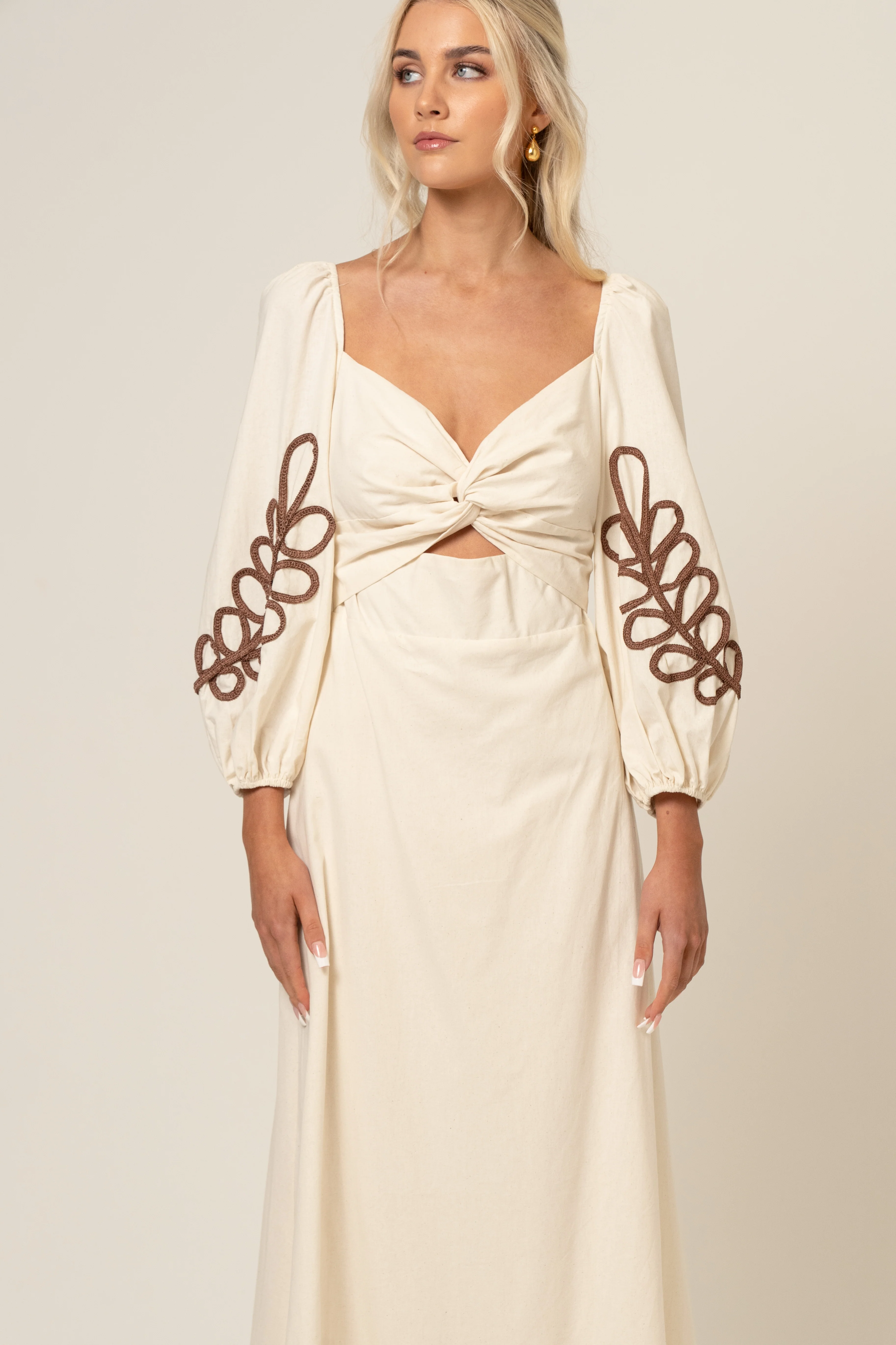 Abigail Beige Midi Dress with Billowed Sleeves - Image 4
