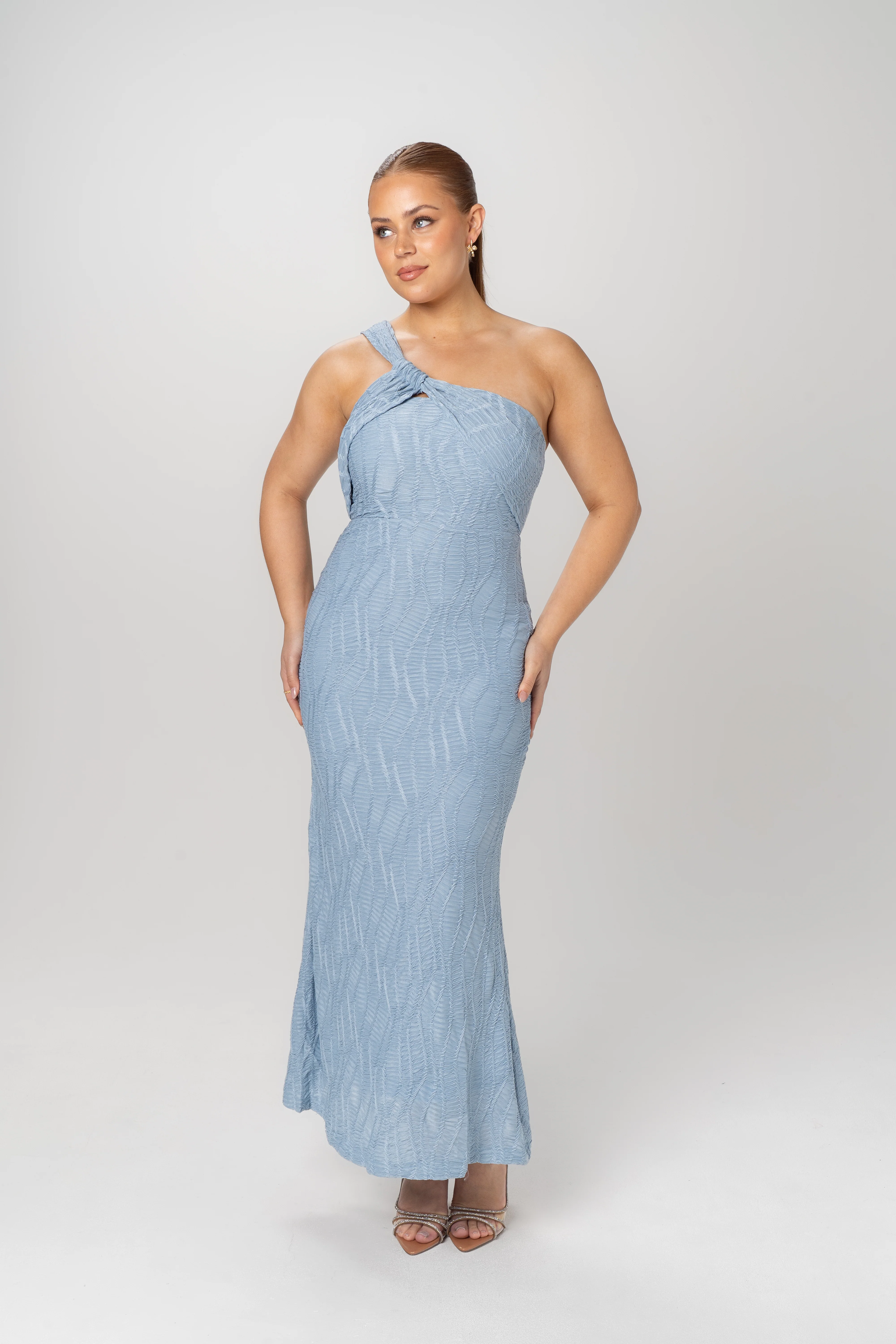 Ada One Shoulder Textured Blue Midi Dress