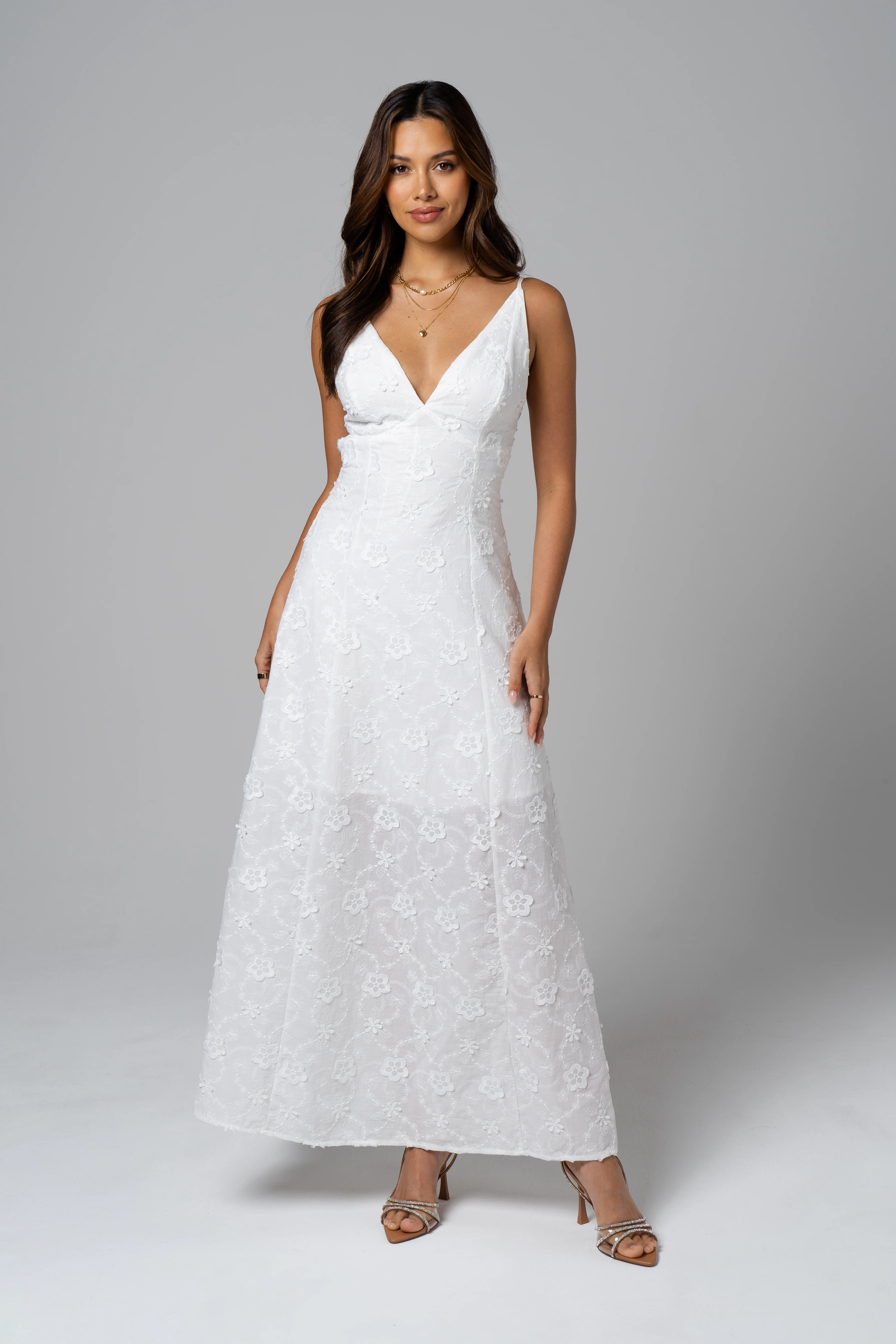 Adelaide White Embroidered Maxi Dress with Tie Back