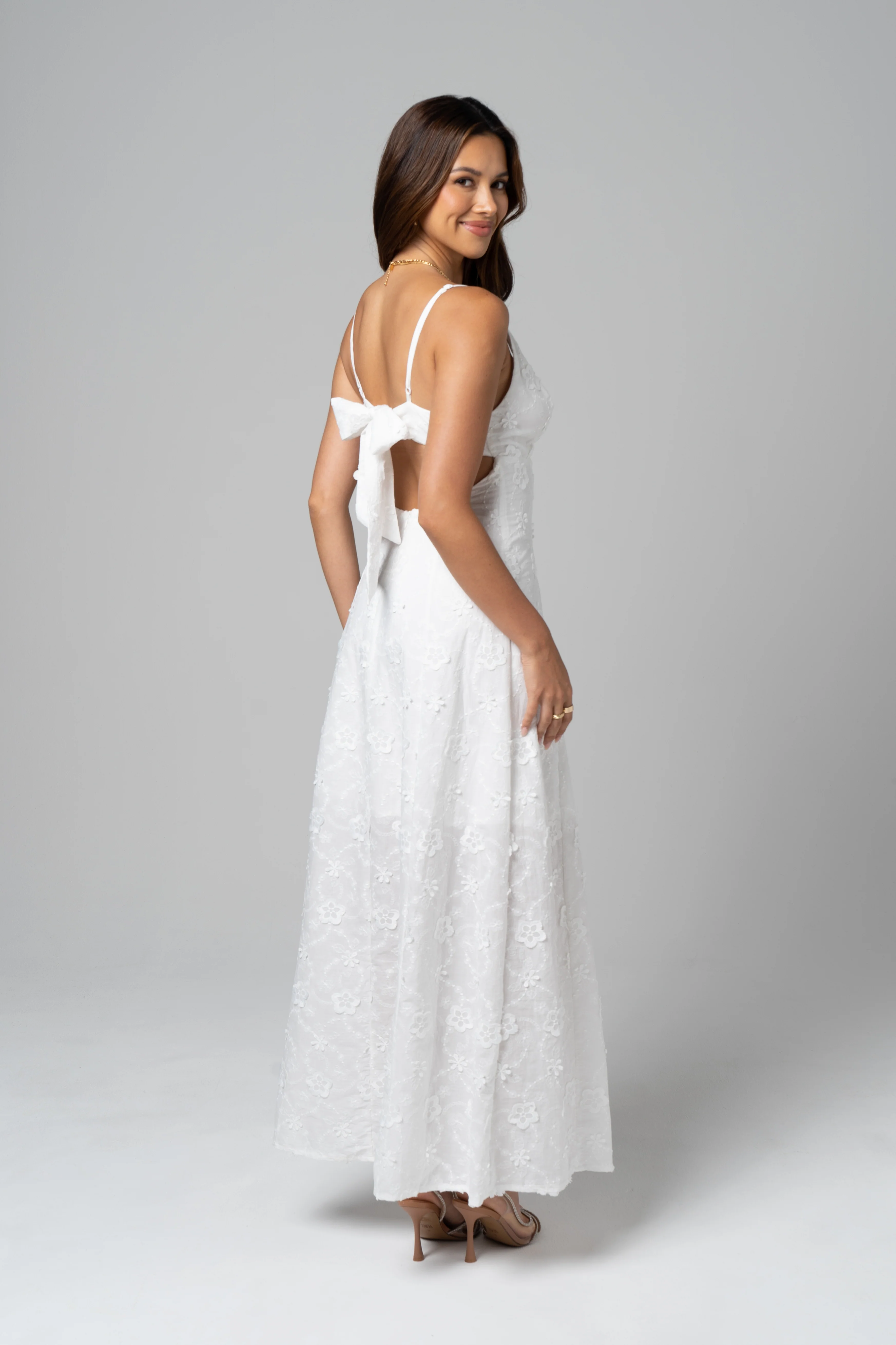 Adelaide White Embroidered Maxi Dress with Tie Back - Image 2