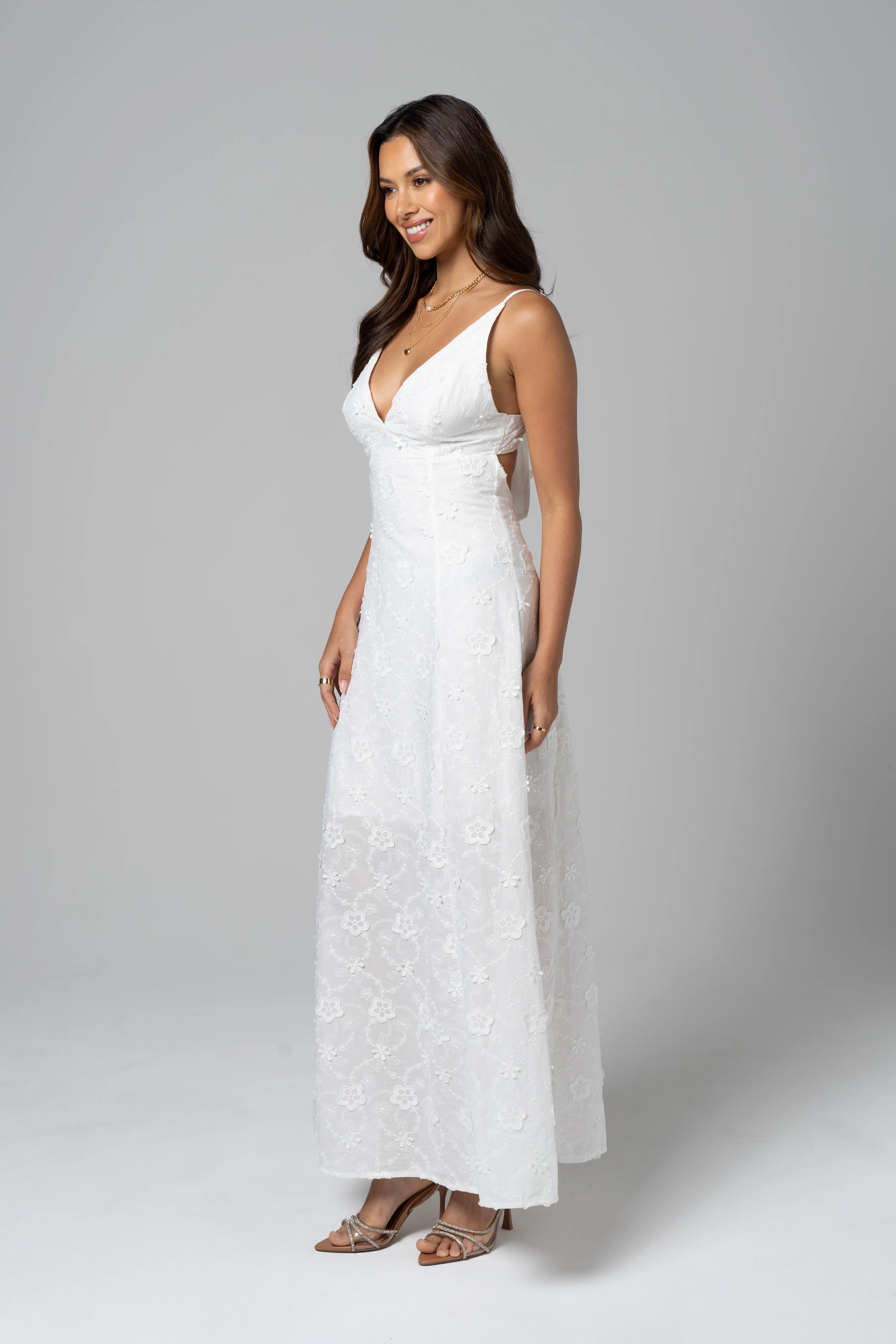 Adelaide White Embroidered Maxi Dress with Tie Back - Image 3