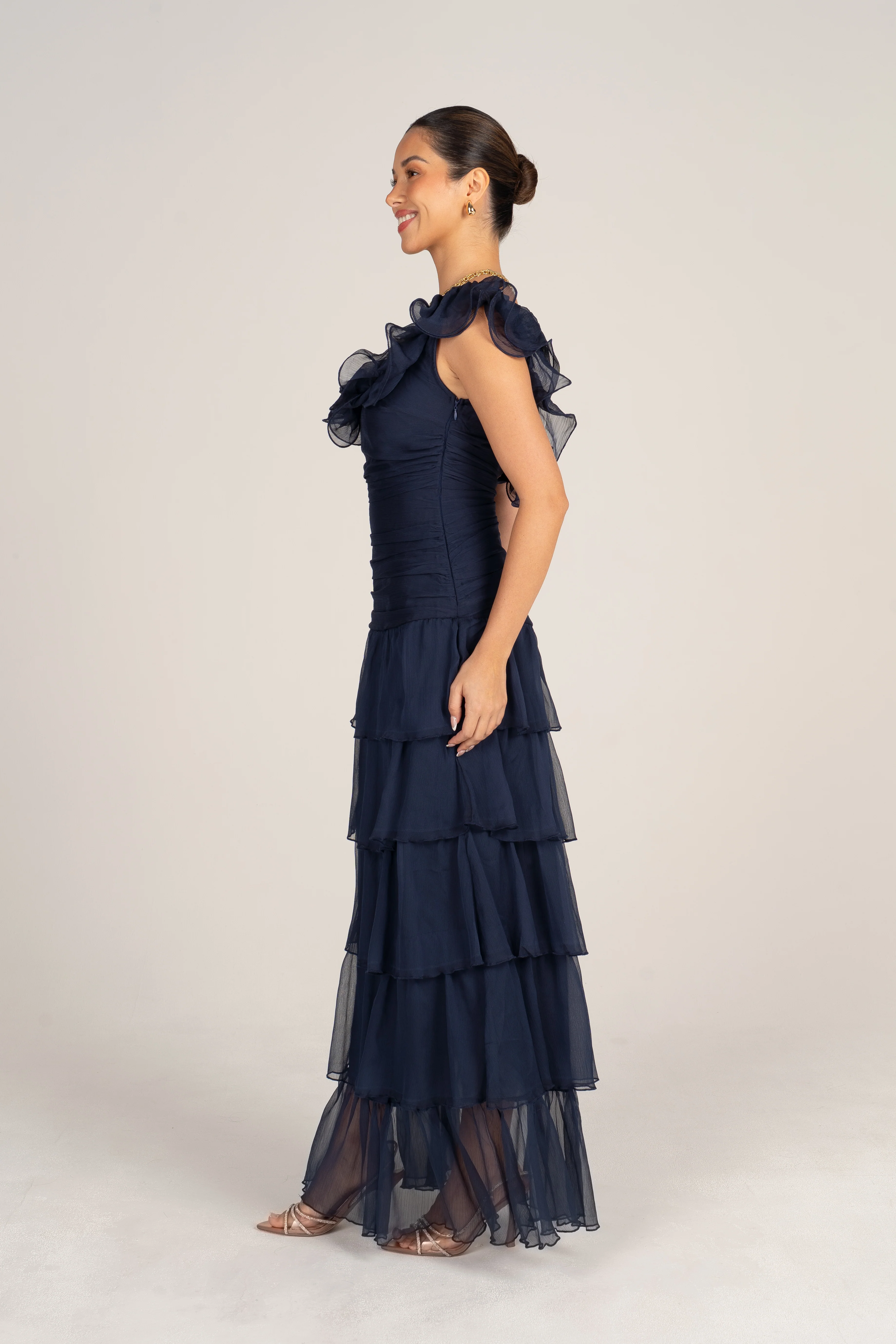 Adele Navy Tiered Dress with Ruffle Straps - Image 2