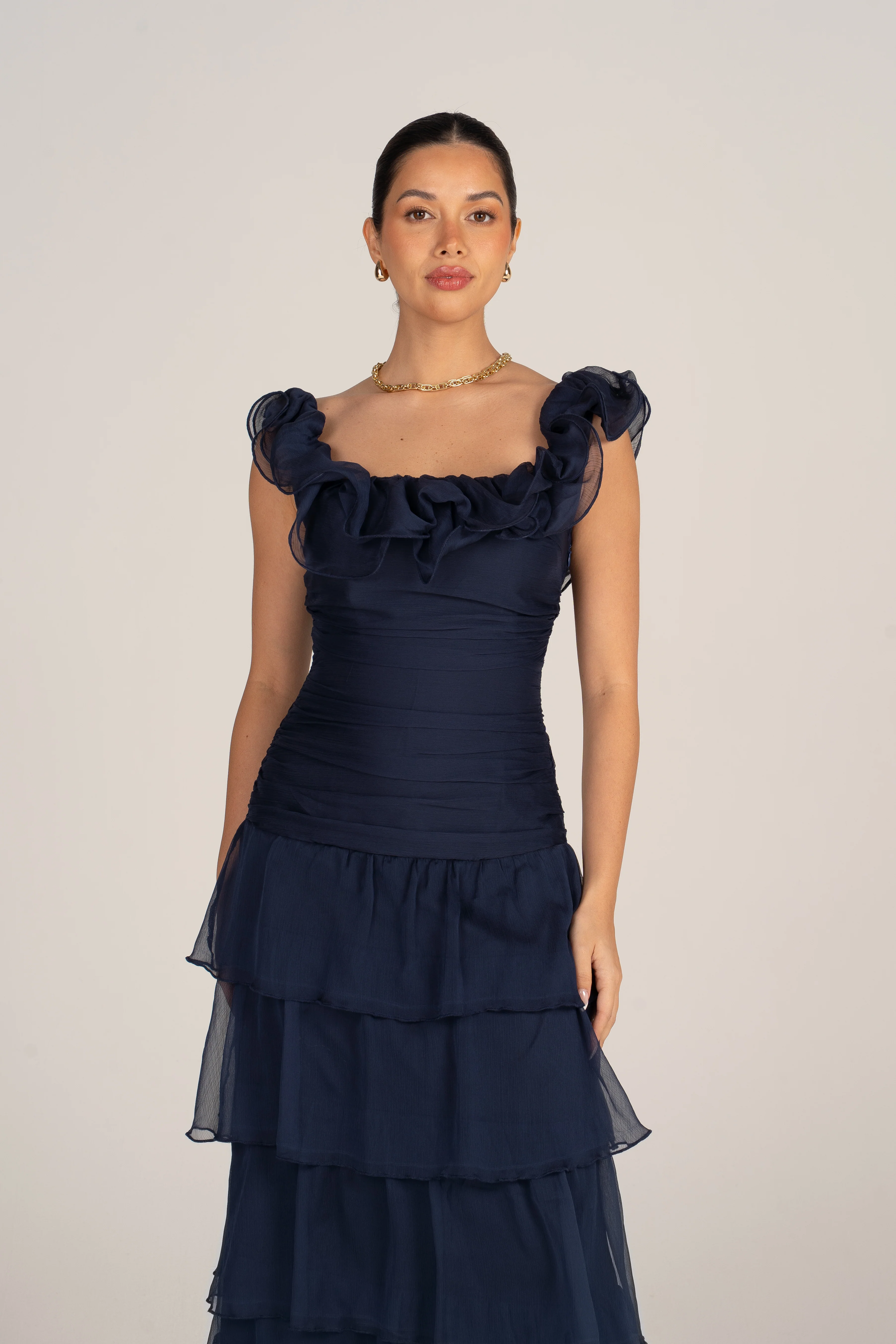 Adele Navy Tiered Dress with Ruffle Straps - Image 4