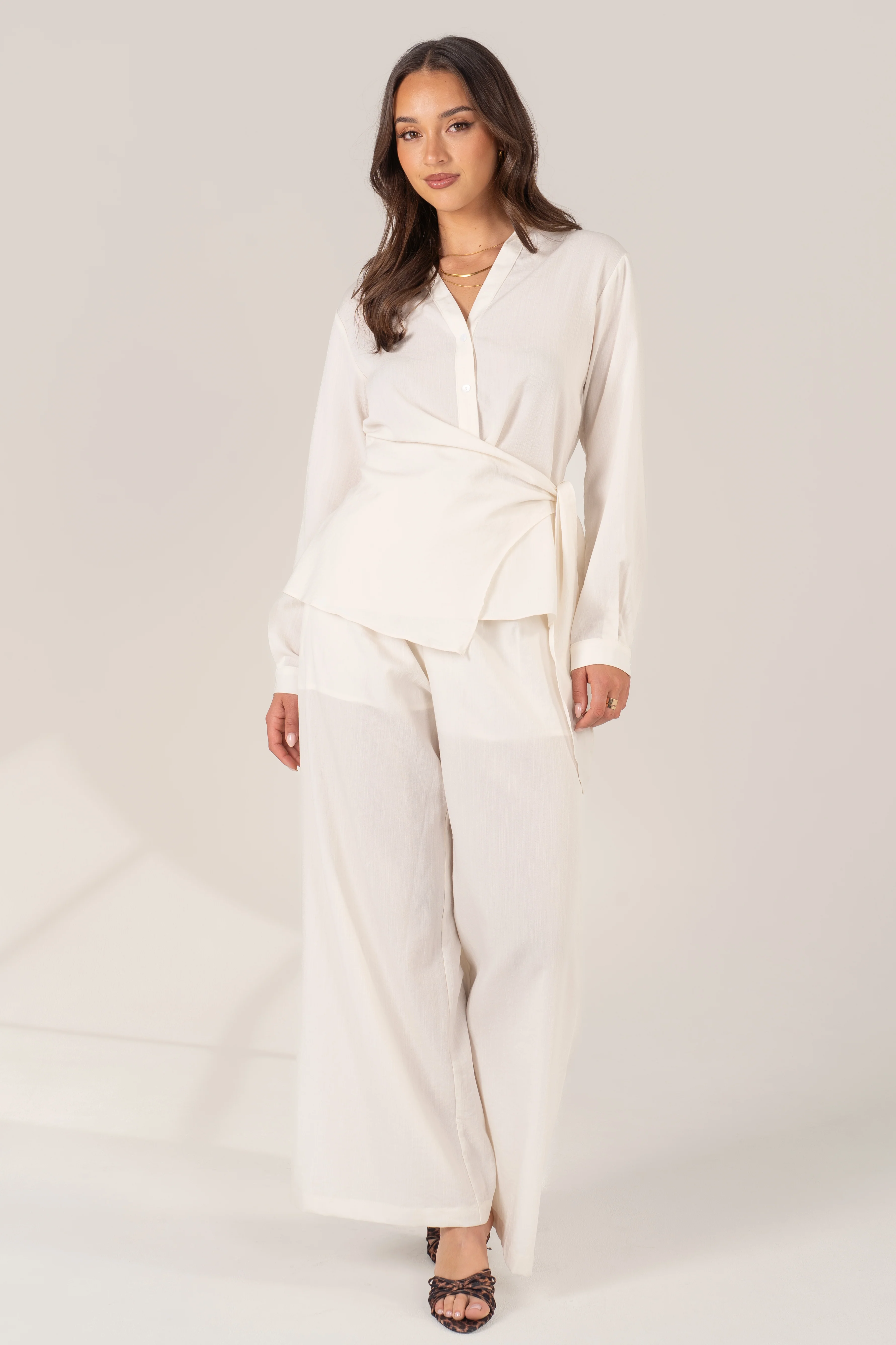 Aisling Two Piece Set - Waist Tie Button-Up Shirt & Wide-Leg Pants