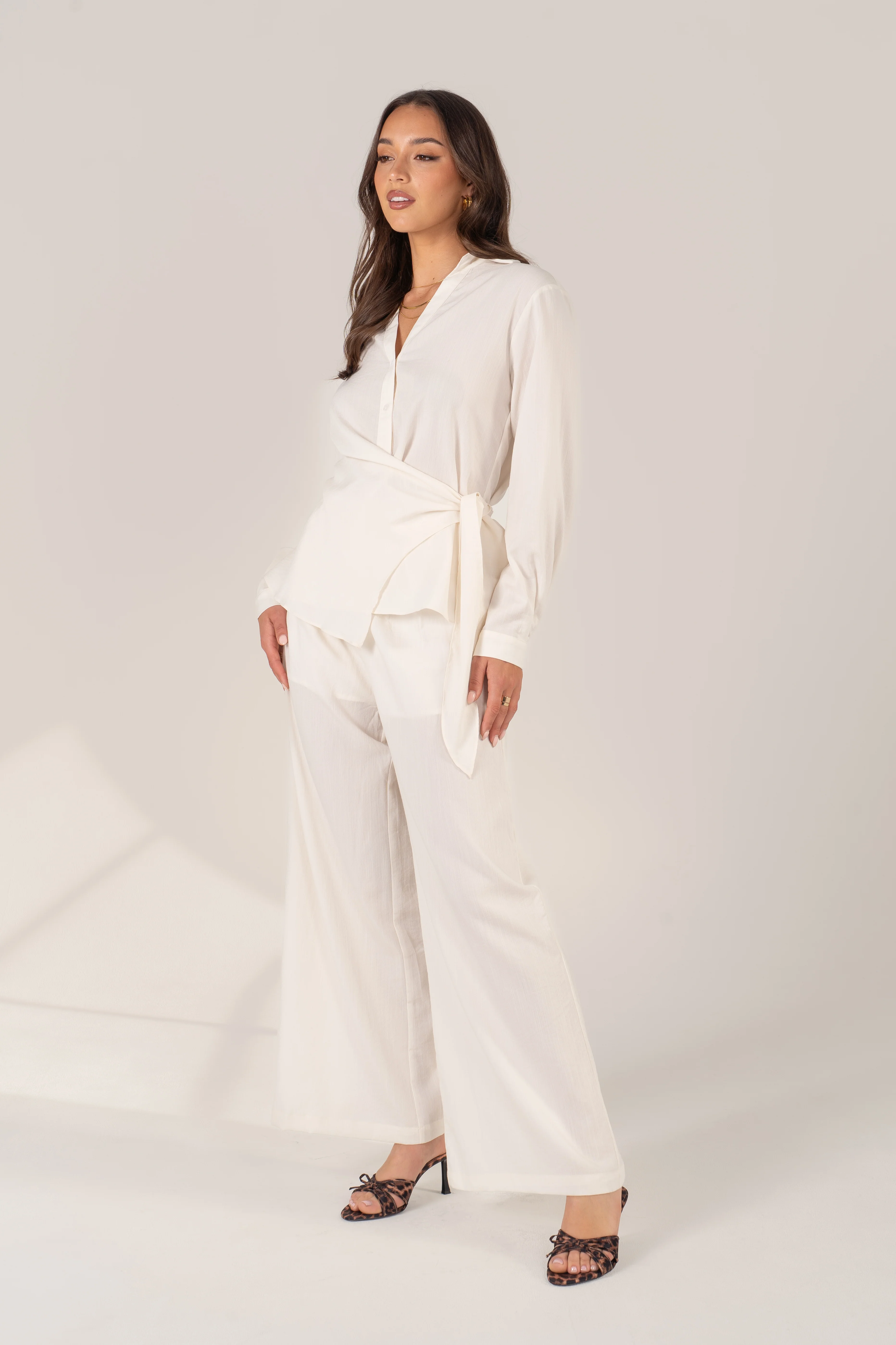 Aisling Two Piece Set - Waist Tie Button-Up Shirt & Wide-Leg Pants - Image 2
