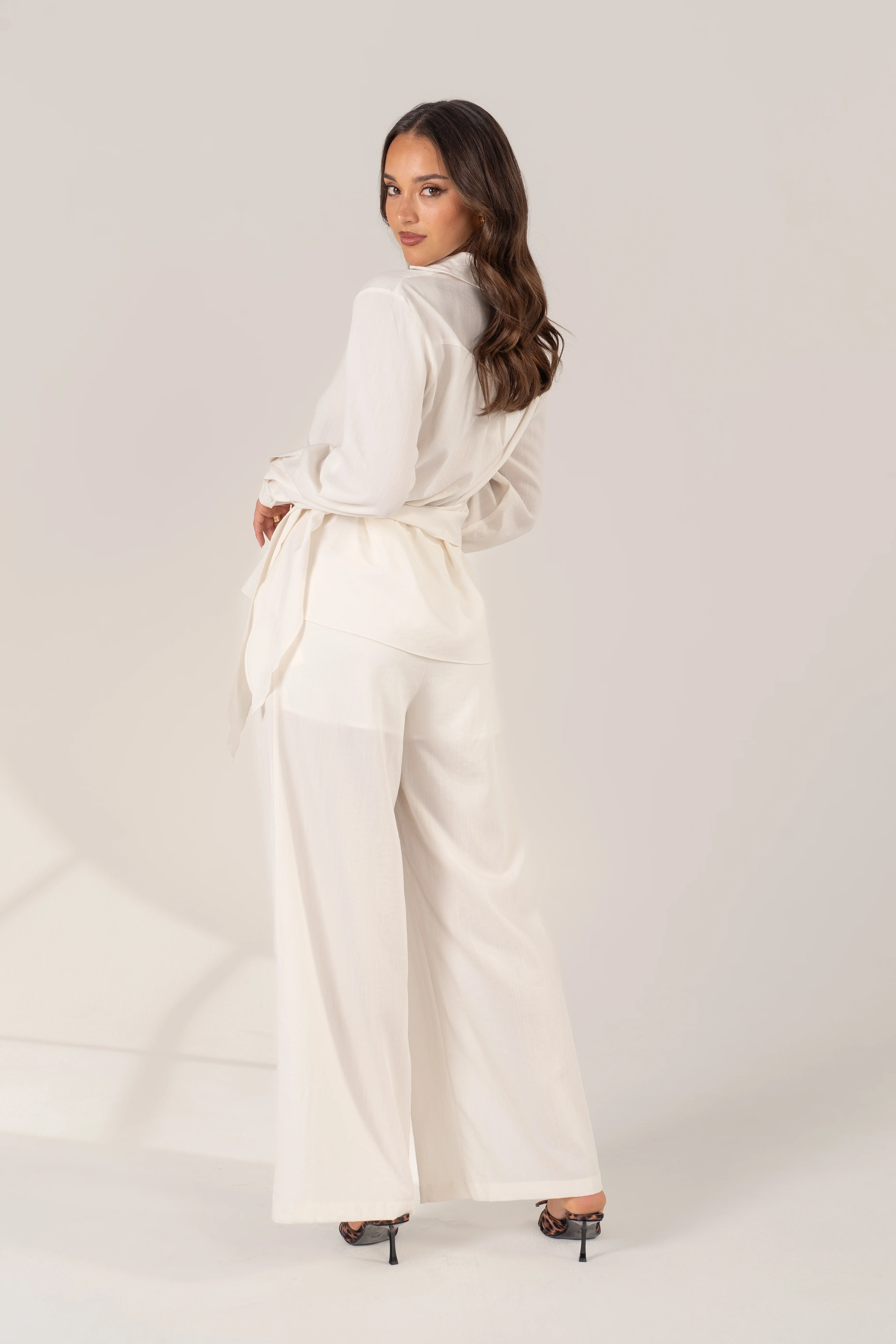 Aisling Two Piece Set - Waist Tie Button-Up Shirt & Wide-Leg Pants - Image 3