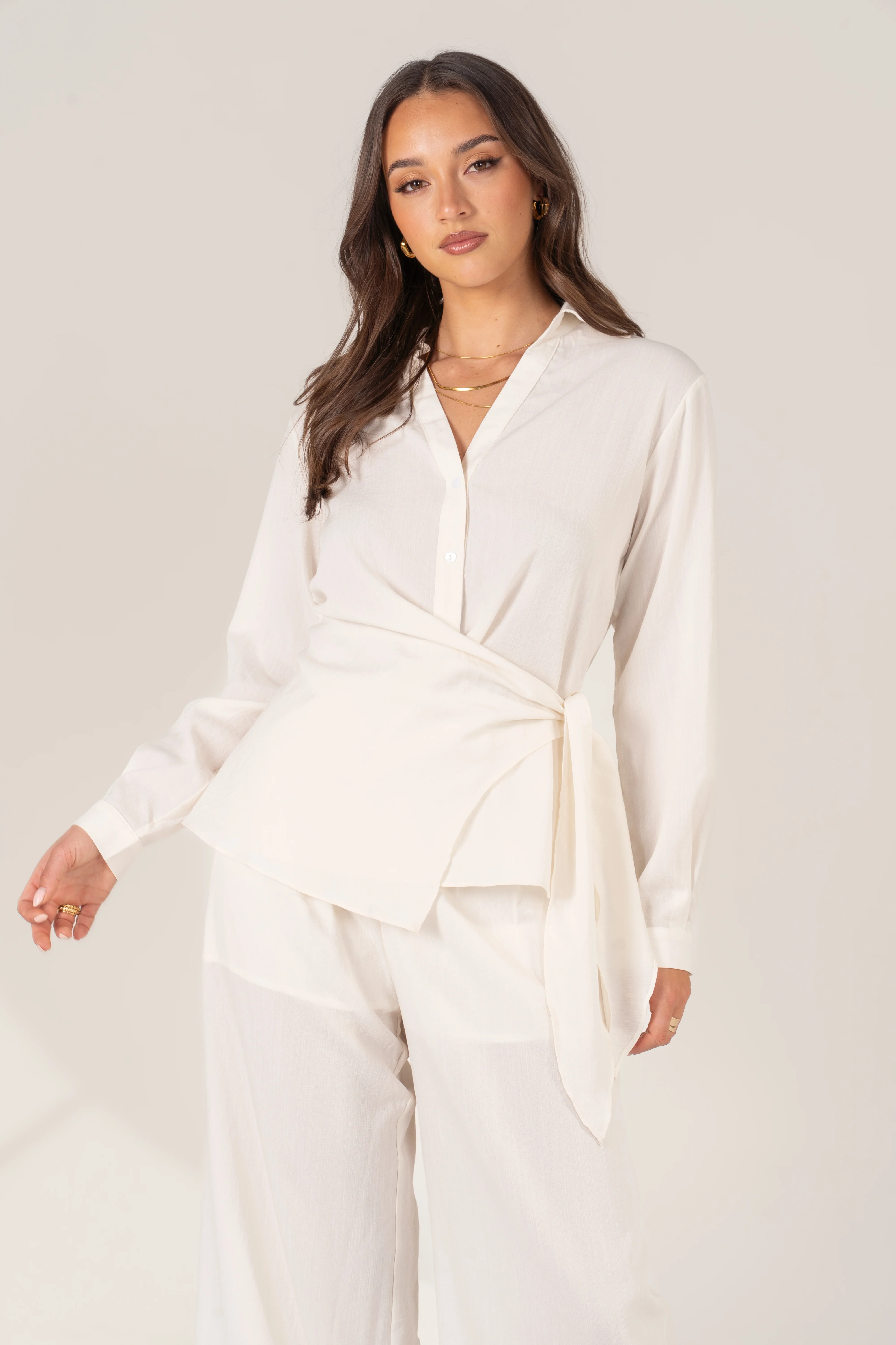 Aisling Two Piece Set - Waist Tie Button-Up Shirt & Wide-Leg Pants - Image 4