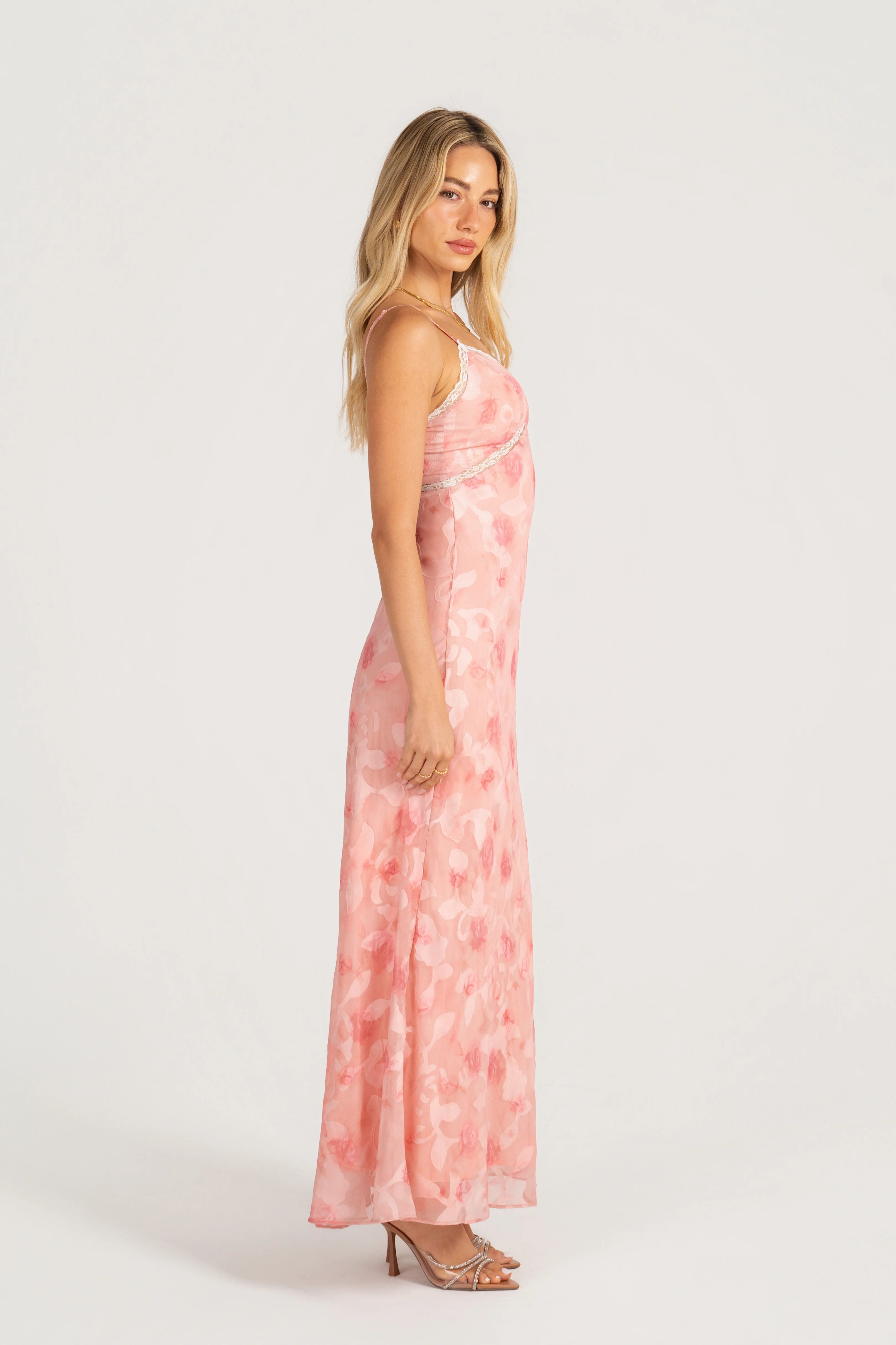 Alaina Pink Midi Dress with Lace Trims - Image 2