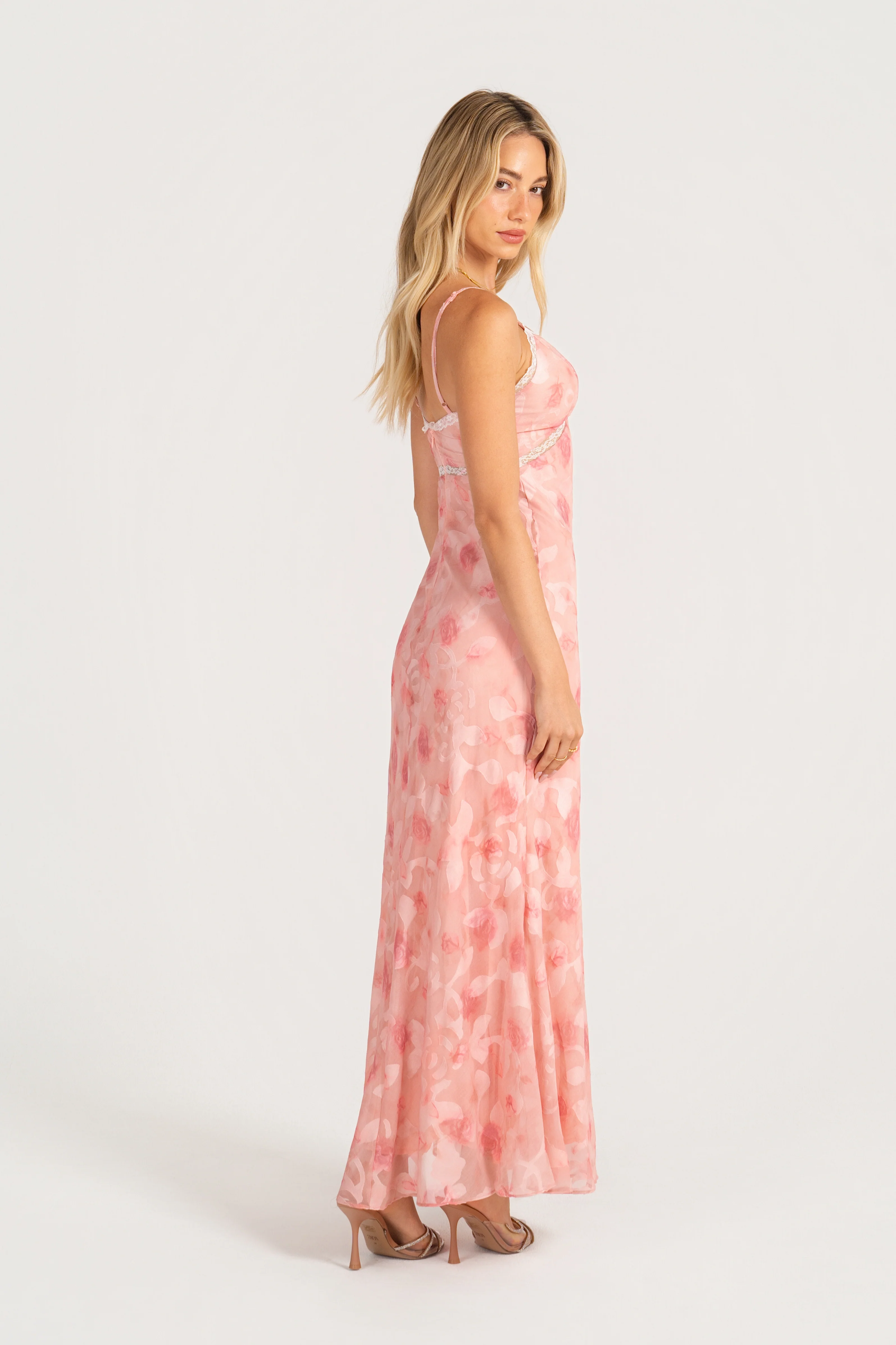Alaina Pink Midi Dress with Lace Trims - Image 3