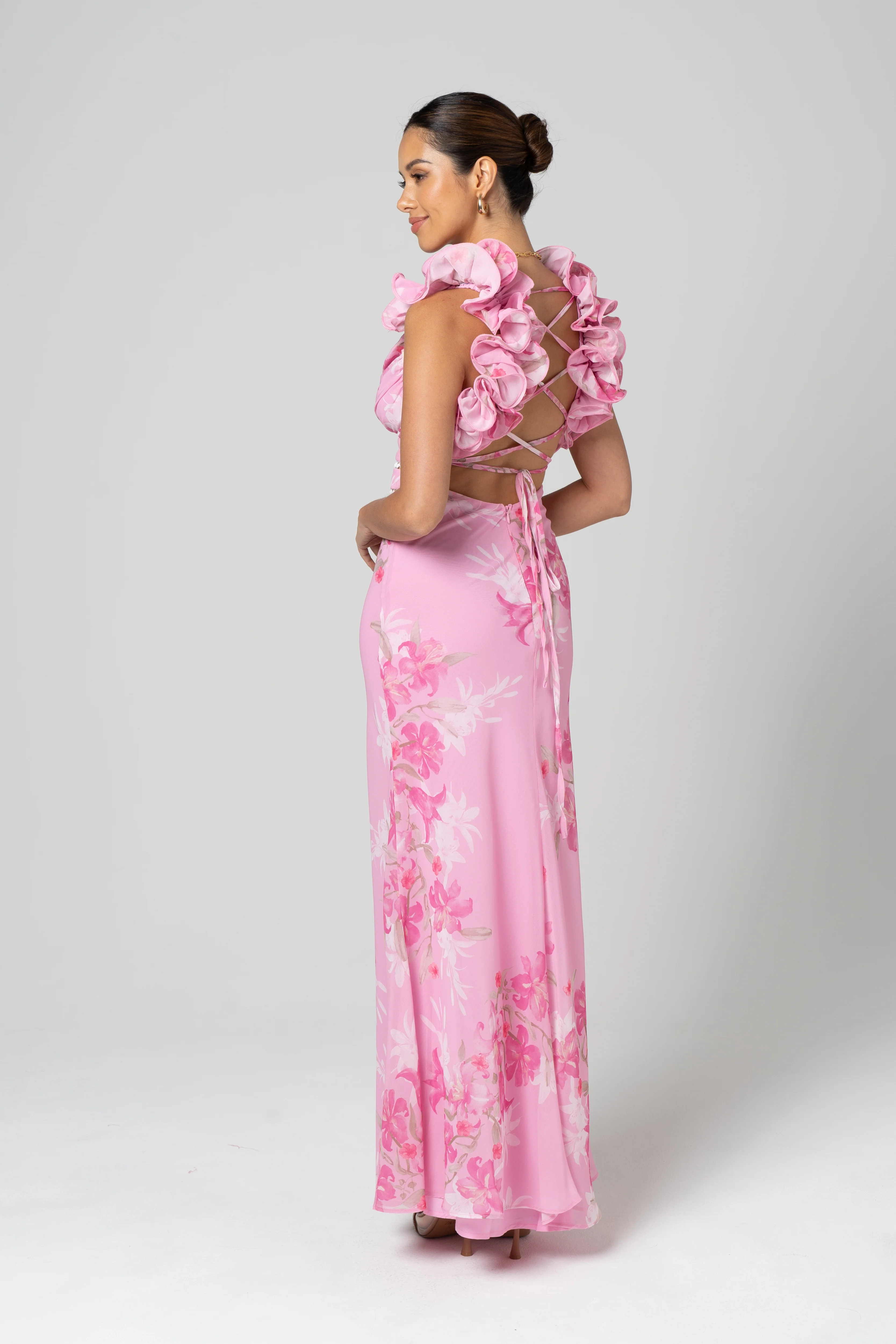 Amalia Cross Back Pink Ruffle Maxi Dress - Image 2