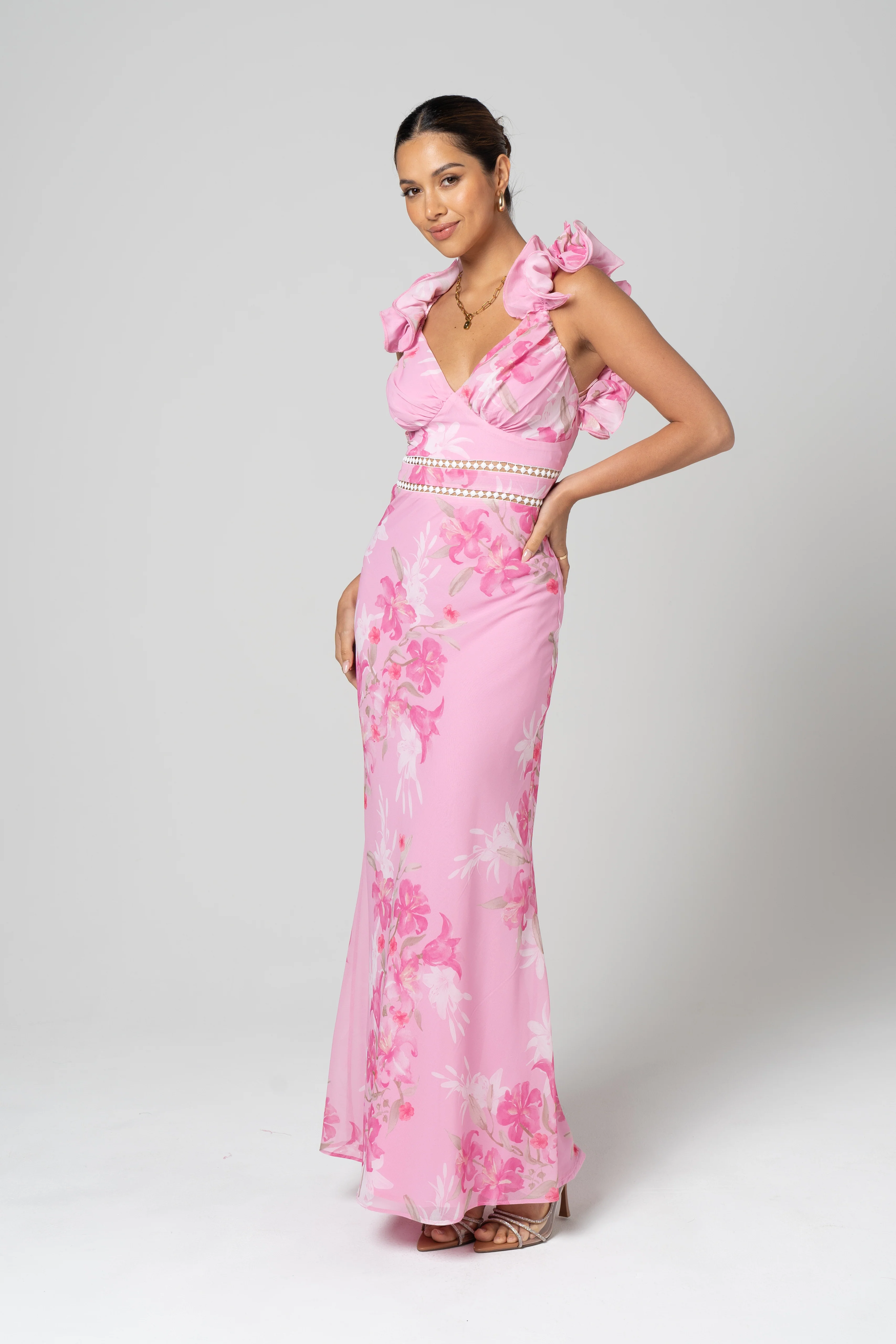 Amalia Cross Back Pink Ruffle Maxi Dress - Image 3