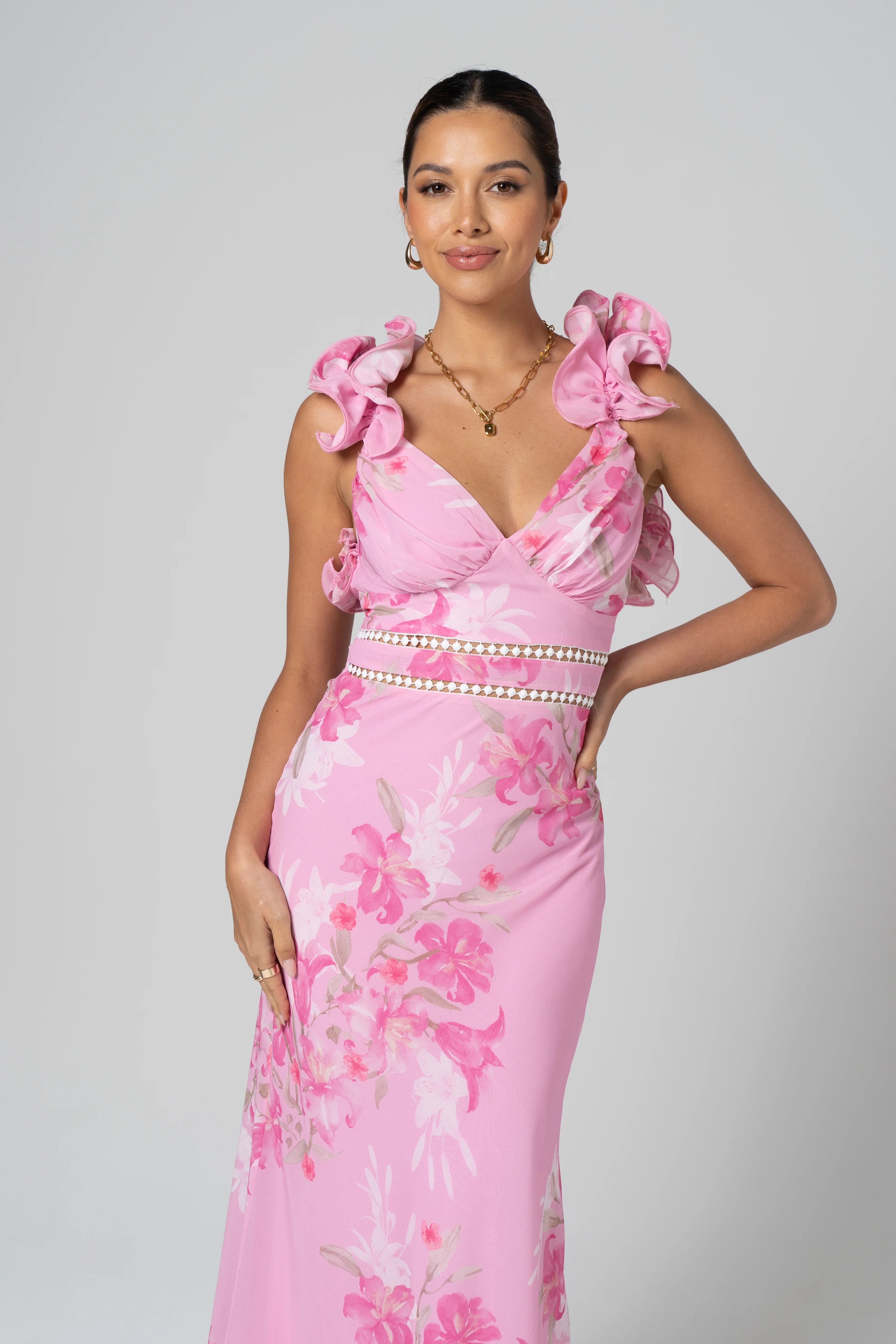 Amalia Cross Back Pink Ruffle Maxi Dress - Image 4