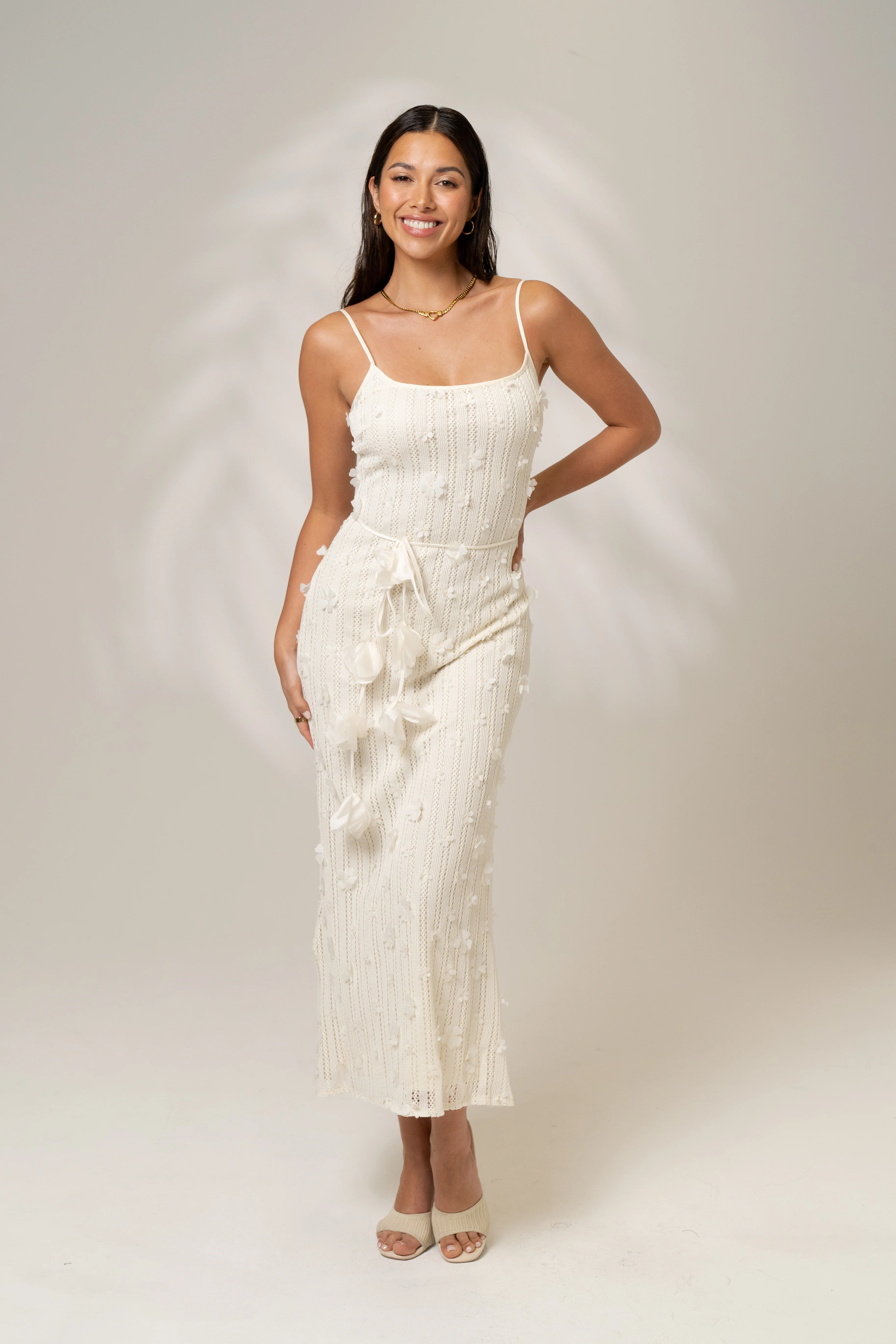 Amara Cream Coloured Knit Midi Dress with Waist Tie - Image 2