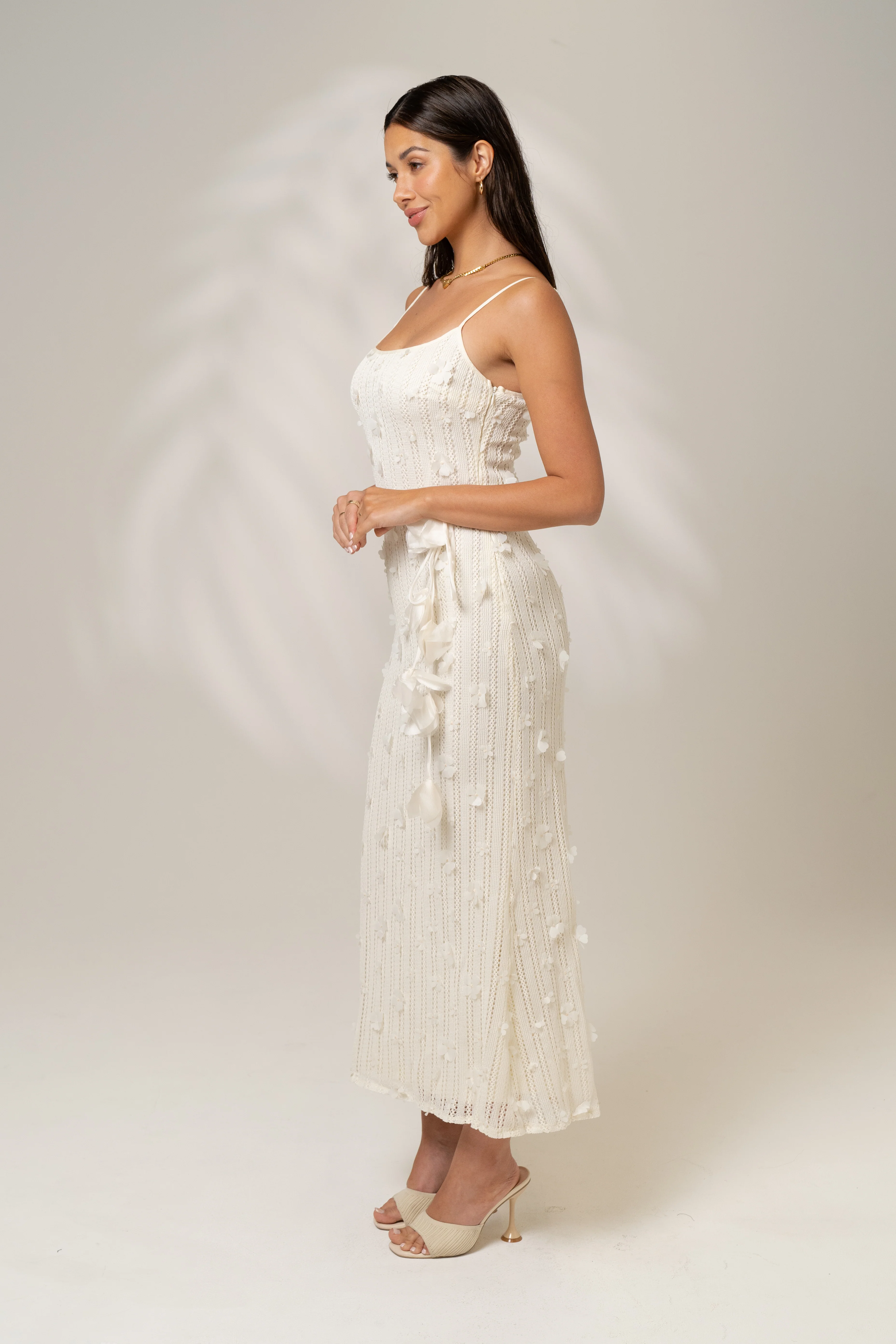 Amara Cream Coloured Knit Midi Dress with Waist Tie - Image 3