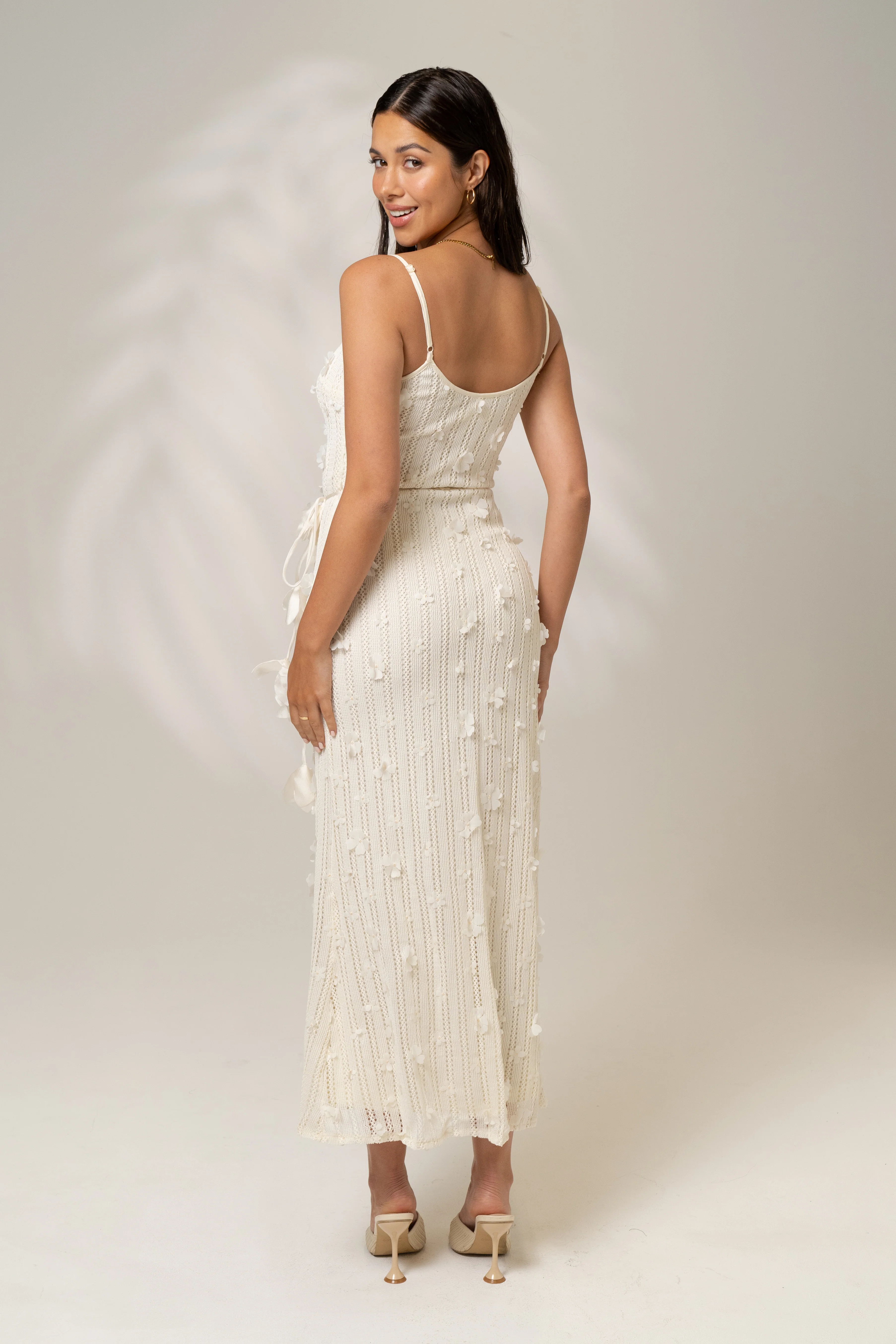 Amara Cream Coloured Knit Midi Dress with Waist Tie - Image 4