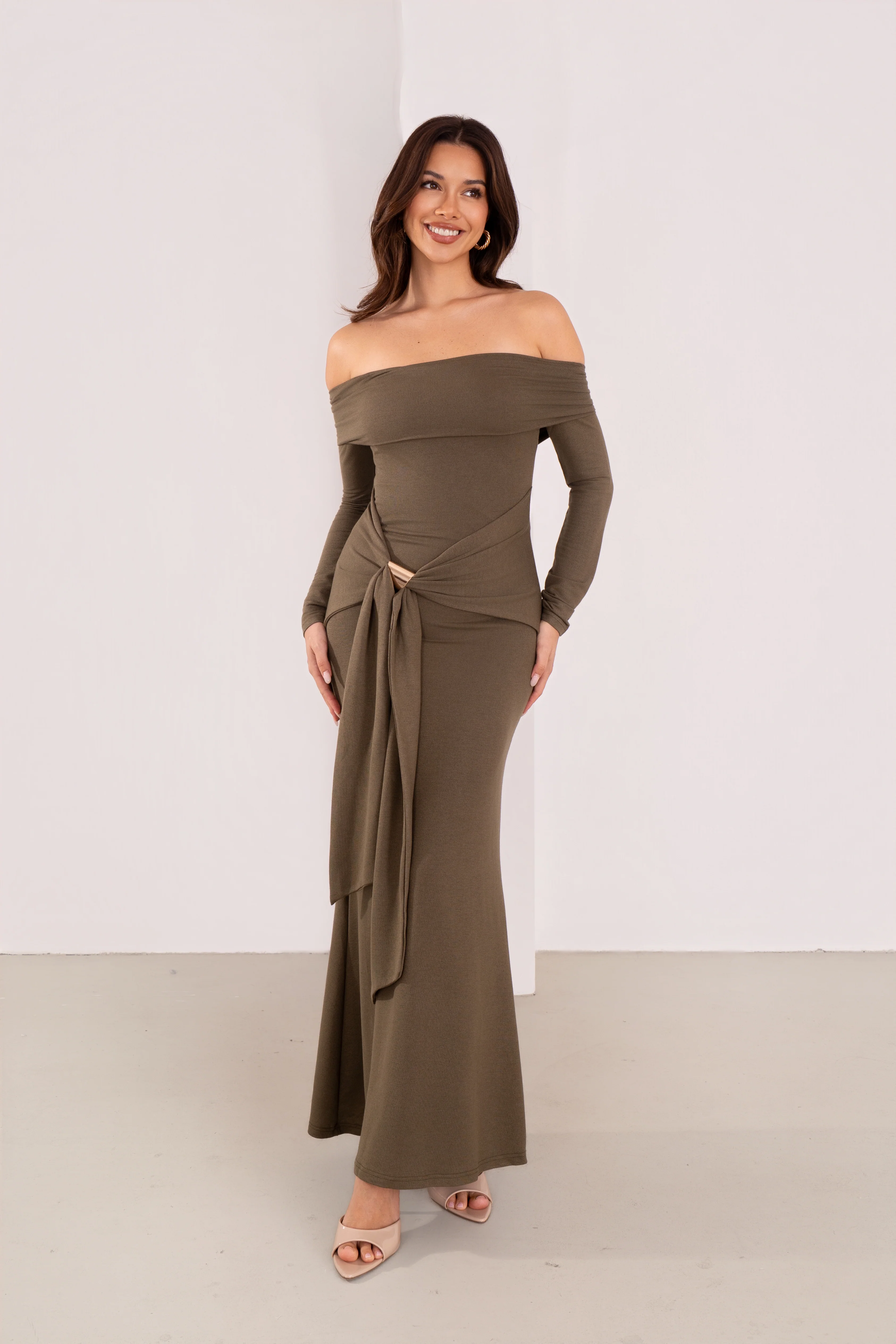 Amaris Long Sleeve Olive Off-Shoulder Maxi