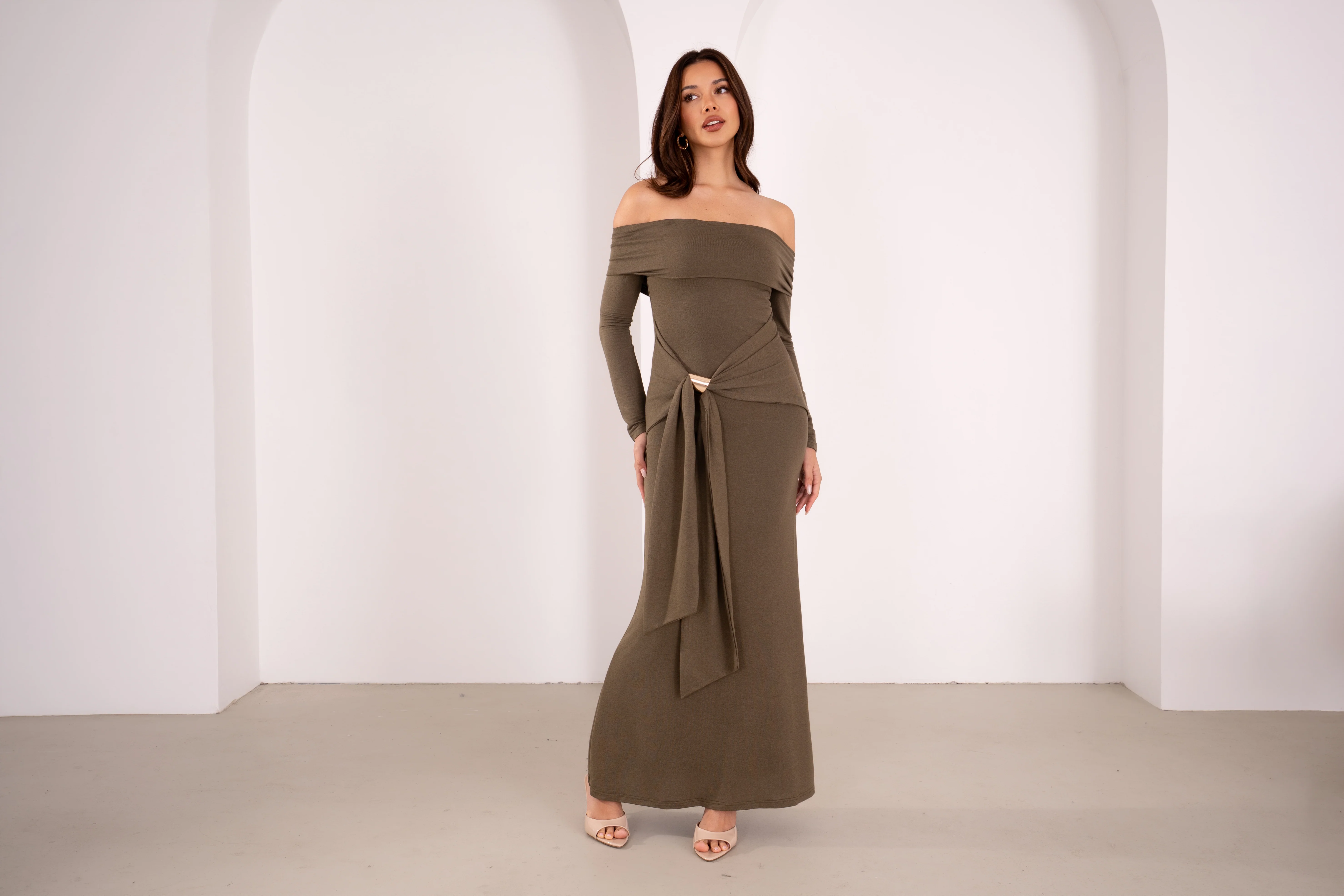 Amaris Long Sleeve Olive Off-Shoulder Maxi - Image 5