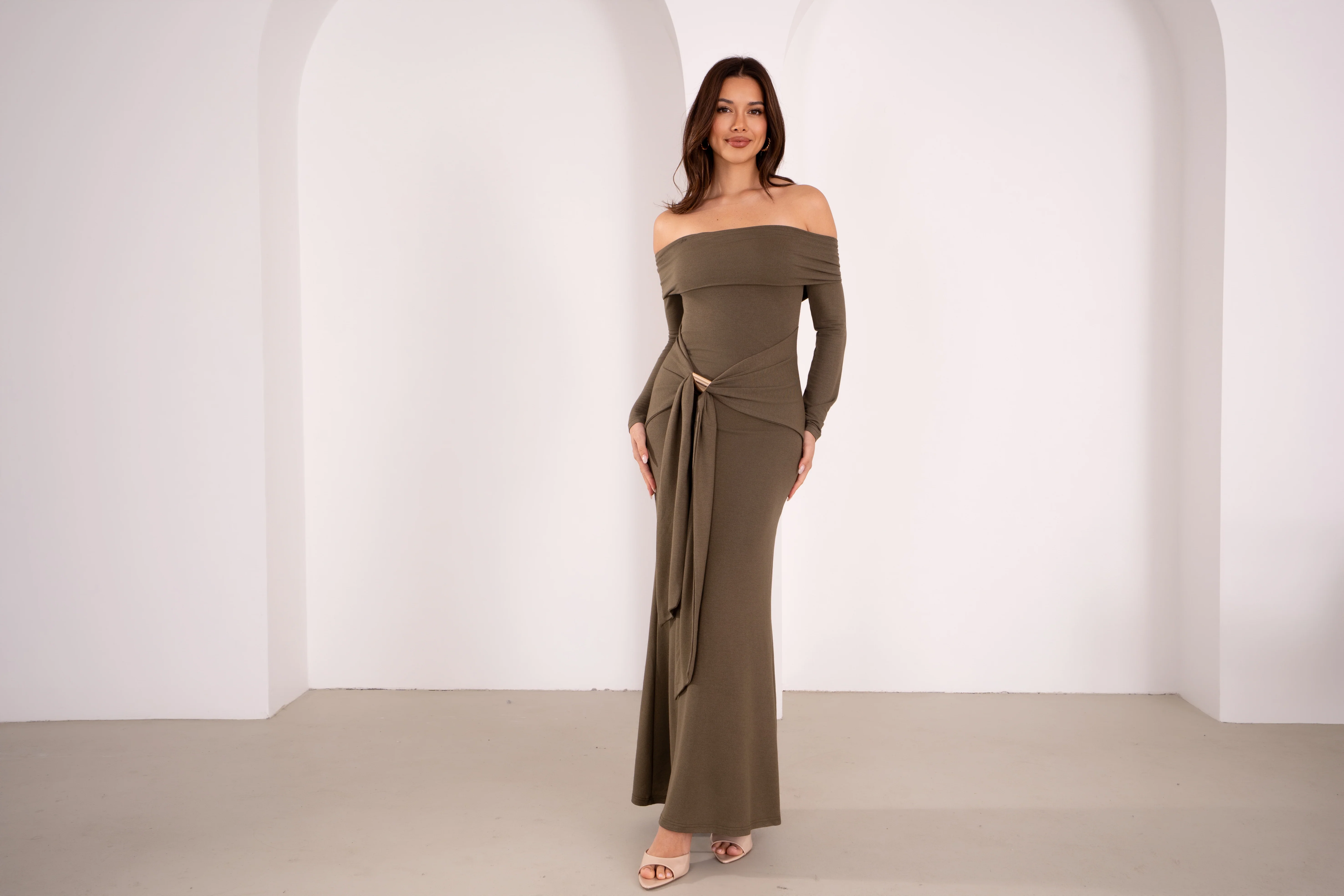 Amaris Long Sleeve Olive Off-Shoulder Maxi - Image 6