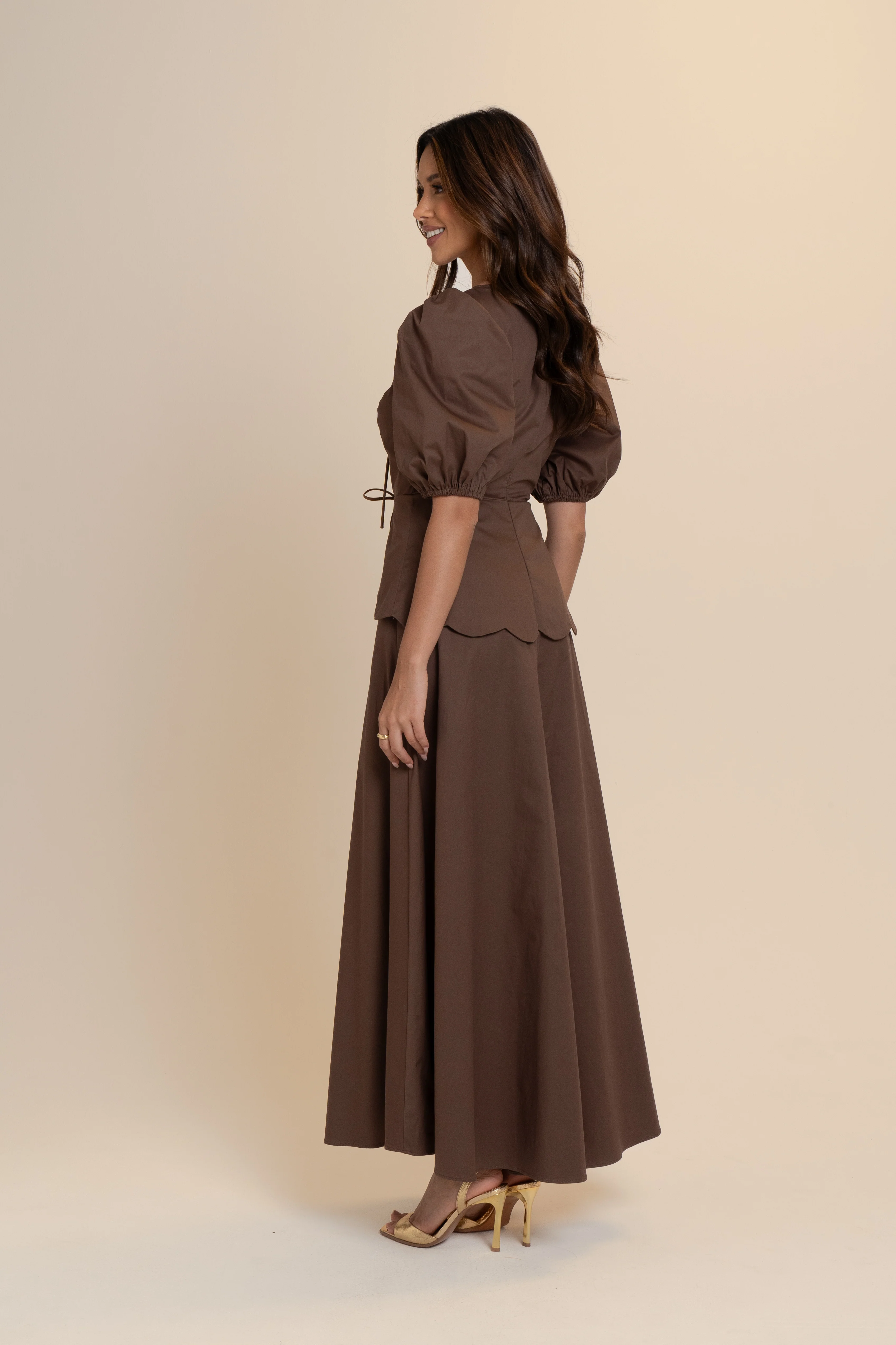 Andrea Scalloped Chocolate Maxi Dress - Image 3