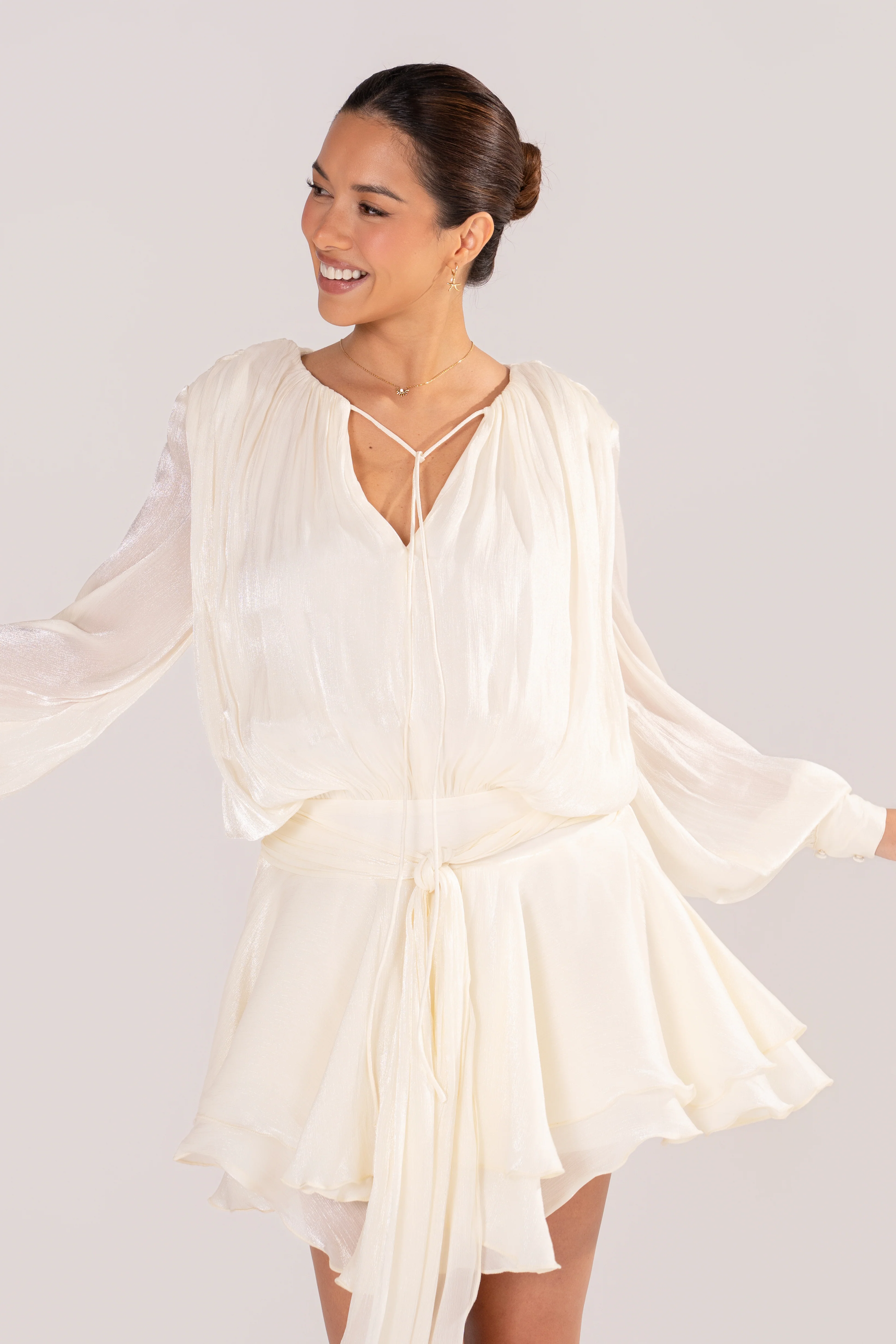 Angelique Long Sleeve Shimmery Mini Dress in Cream - Image 2