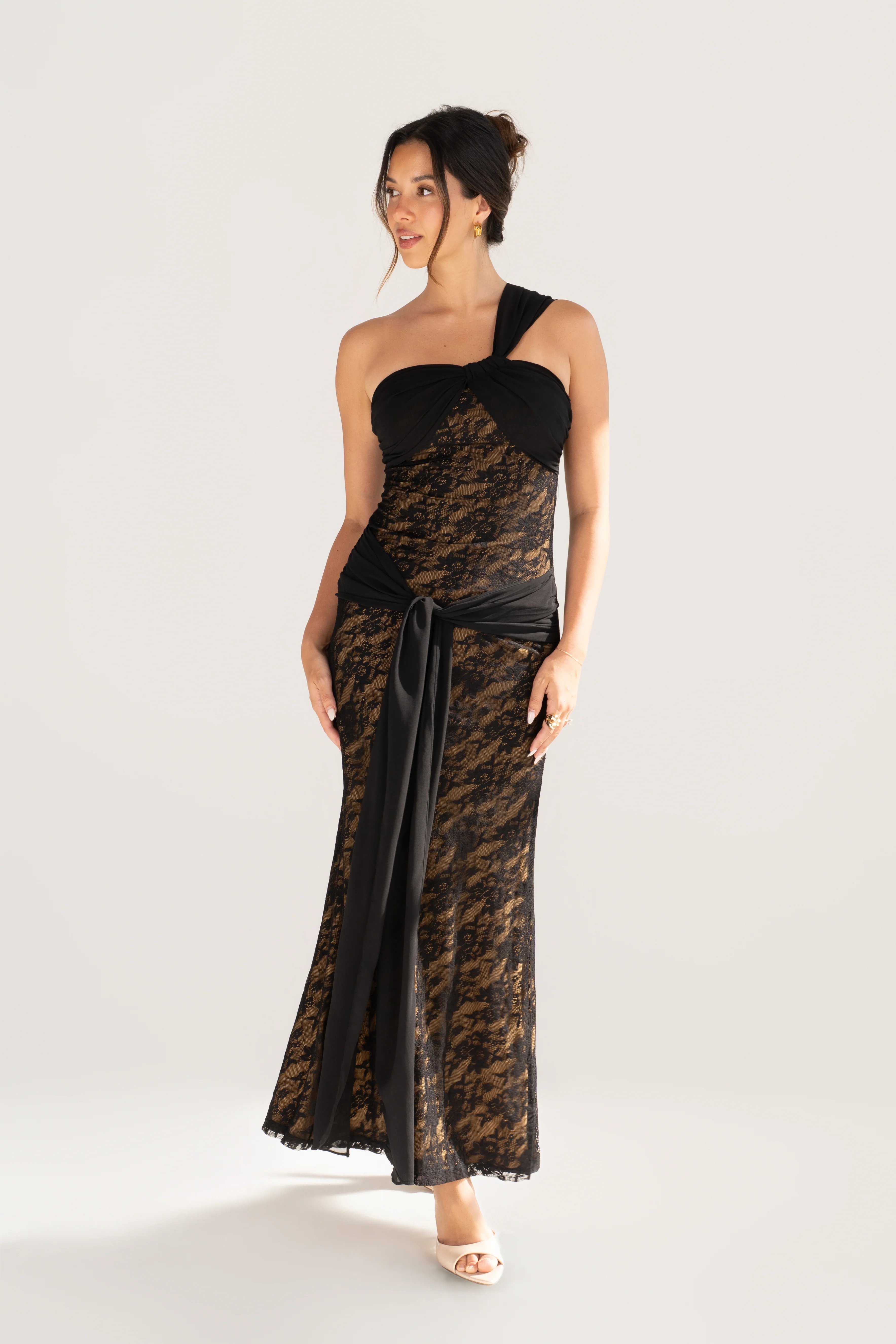 Annika Black Lace One-Shoulder Dress