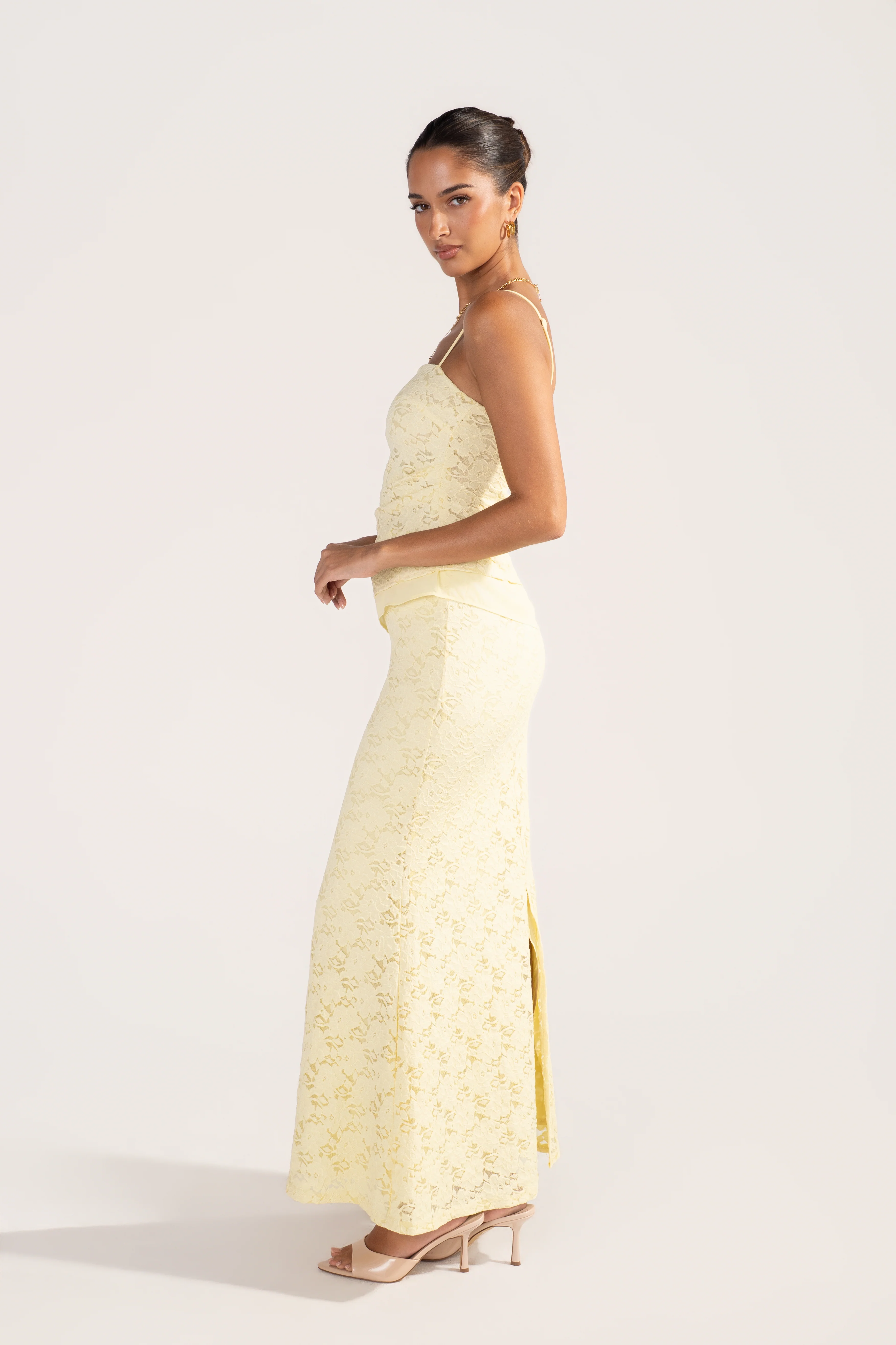 Ardyn Yellow Lace Set - Asymmetrical Cami Top & Maxi Skirt - Image 2