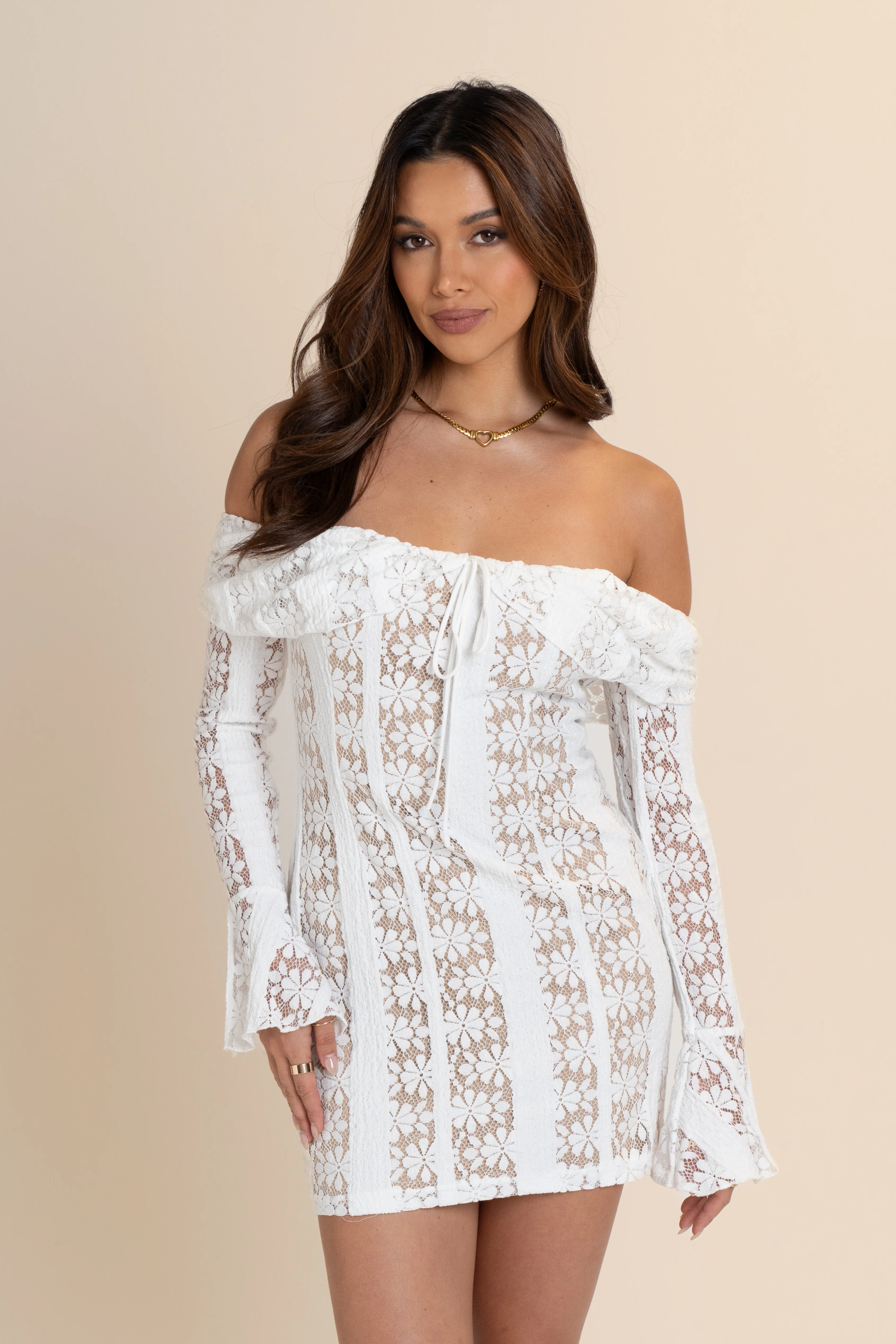Ashton Off-Shoulder Long Sleeve Lace Mini Dress
