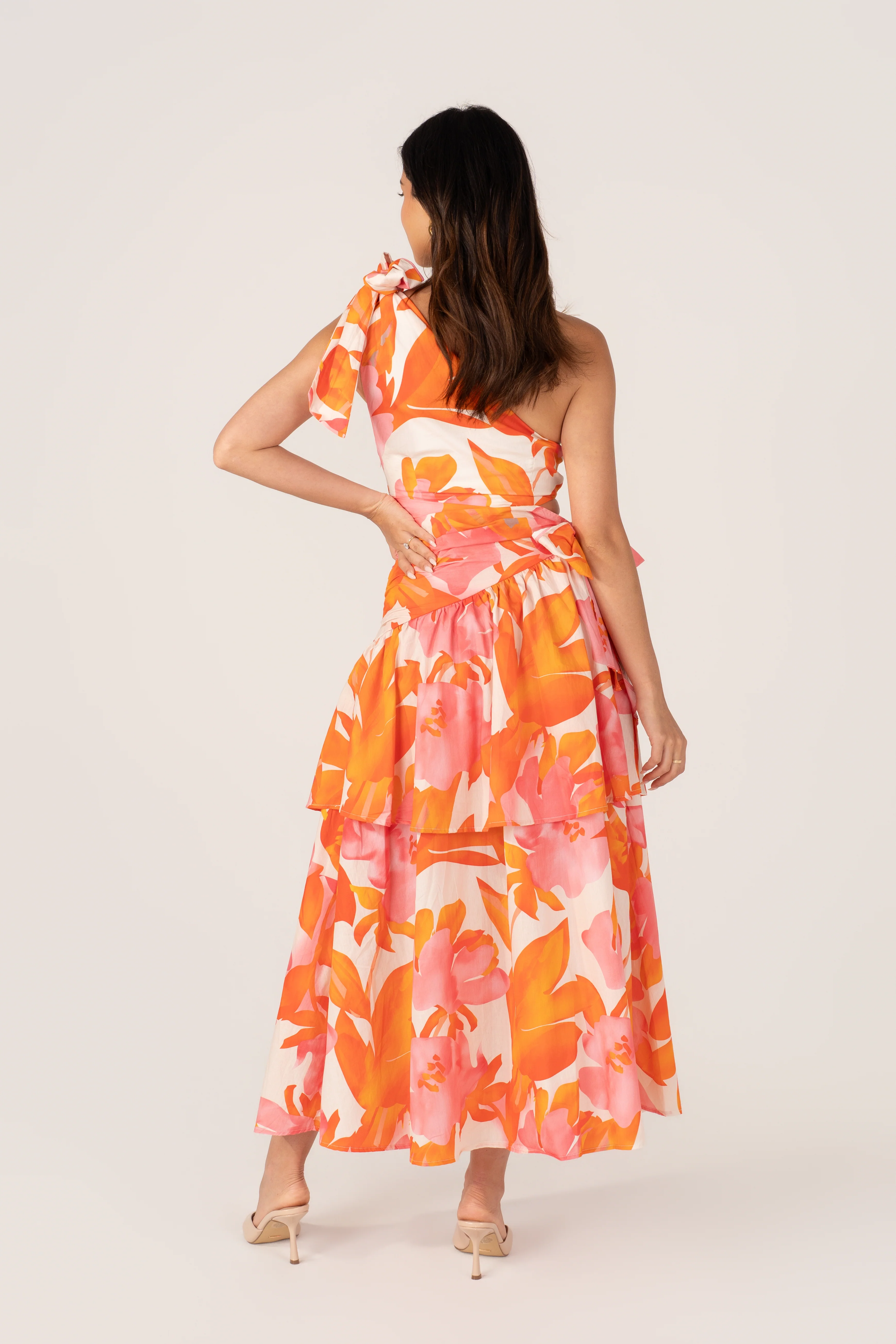 Baylee Pink & Orange Print One Shoulder Maxi Dress - Image 3