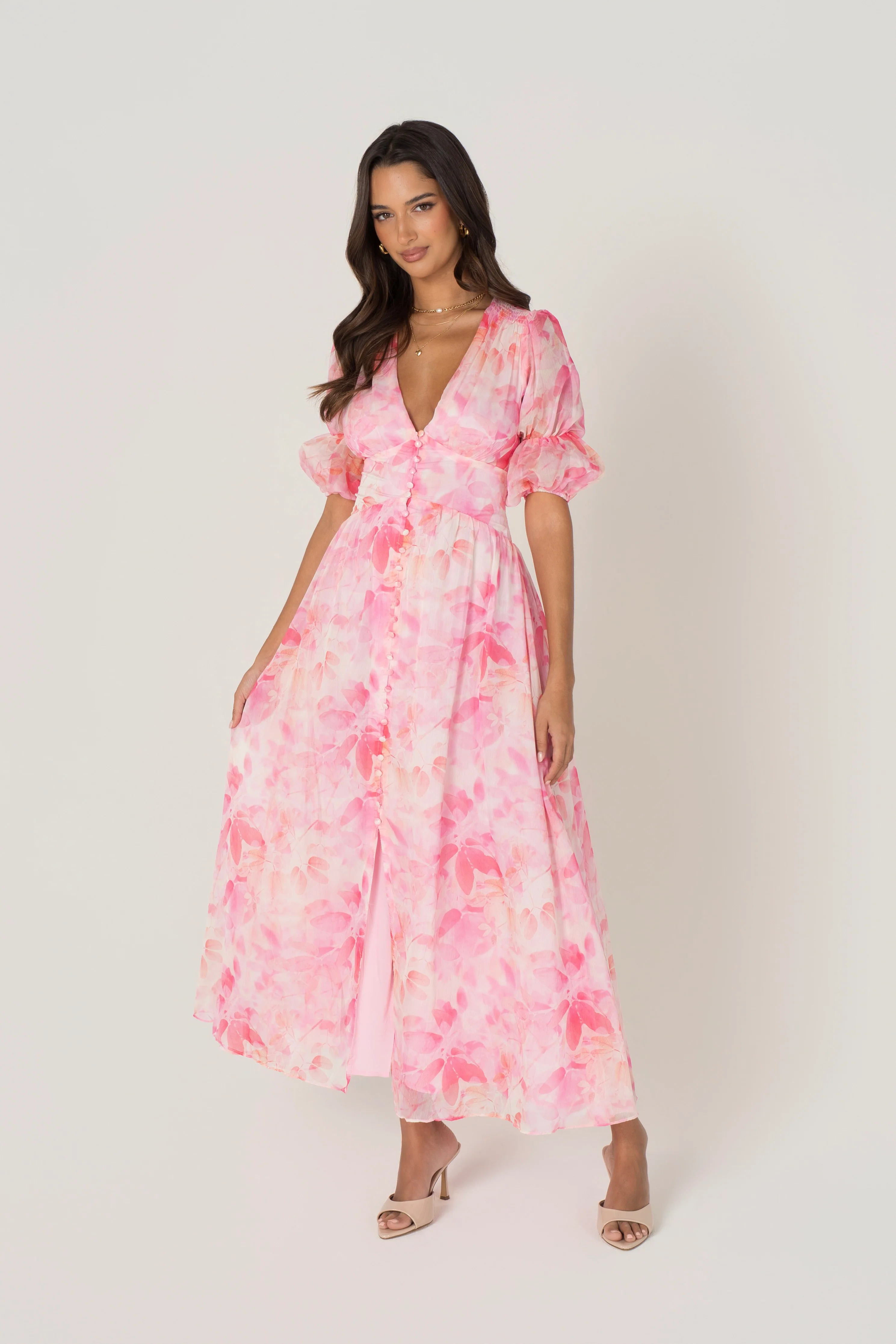 Bellamy Pink Floral Maxi with Puff Sleeves