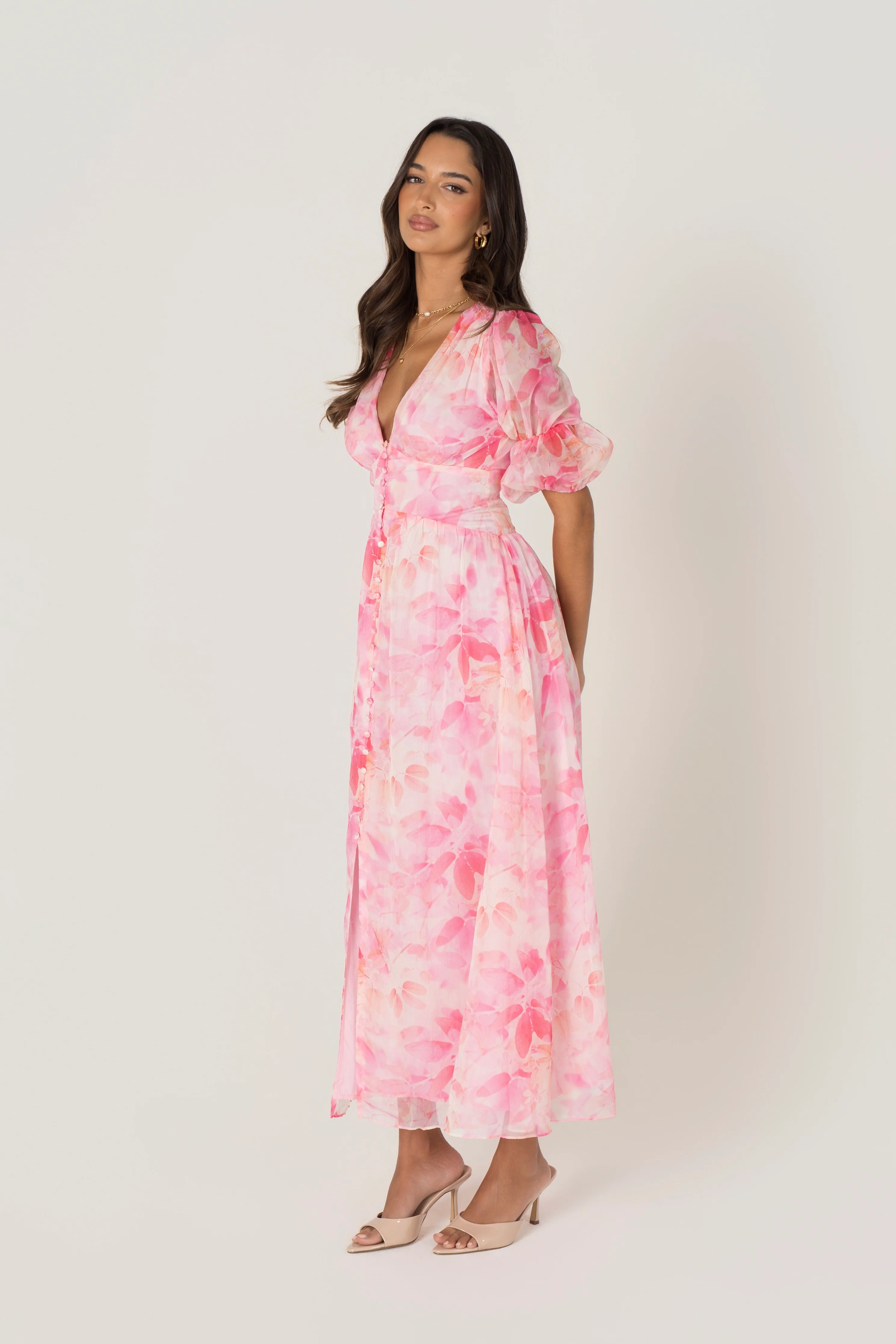 Bellamy Pink Floral Maxi with Puff Sleeves - Image 2