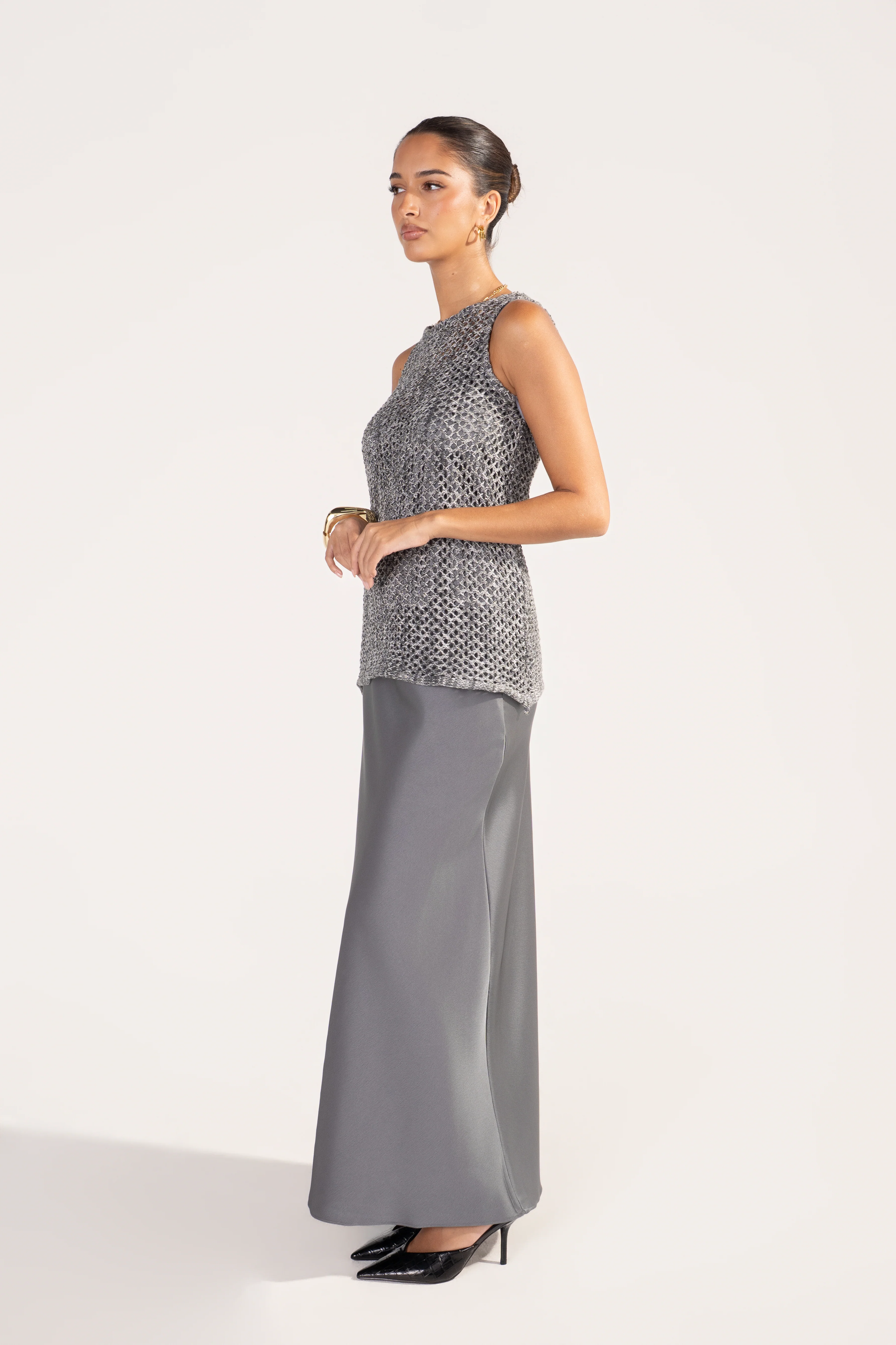Bernie Silver Metallic Open-Knit Vest, Top & Skirt Set - Image 2
