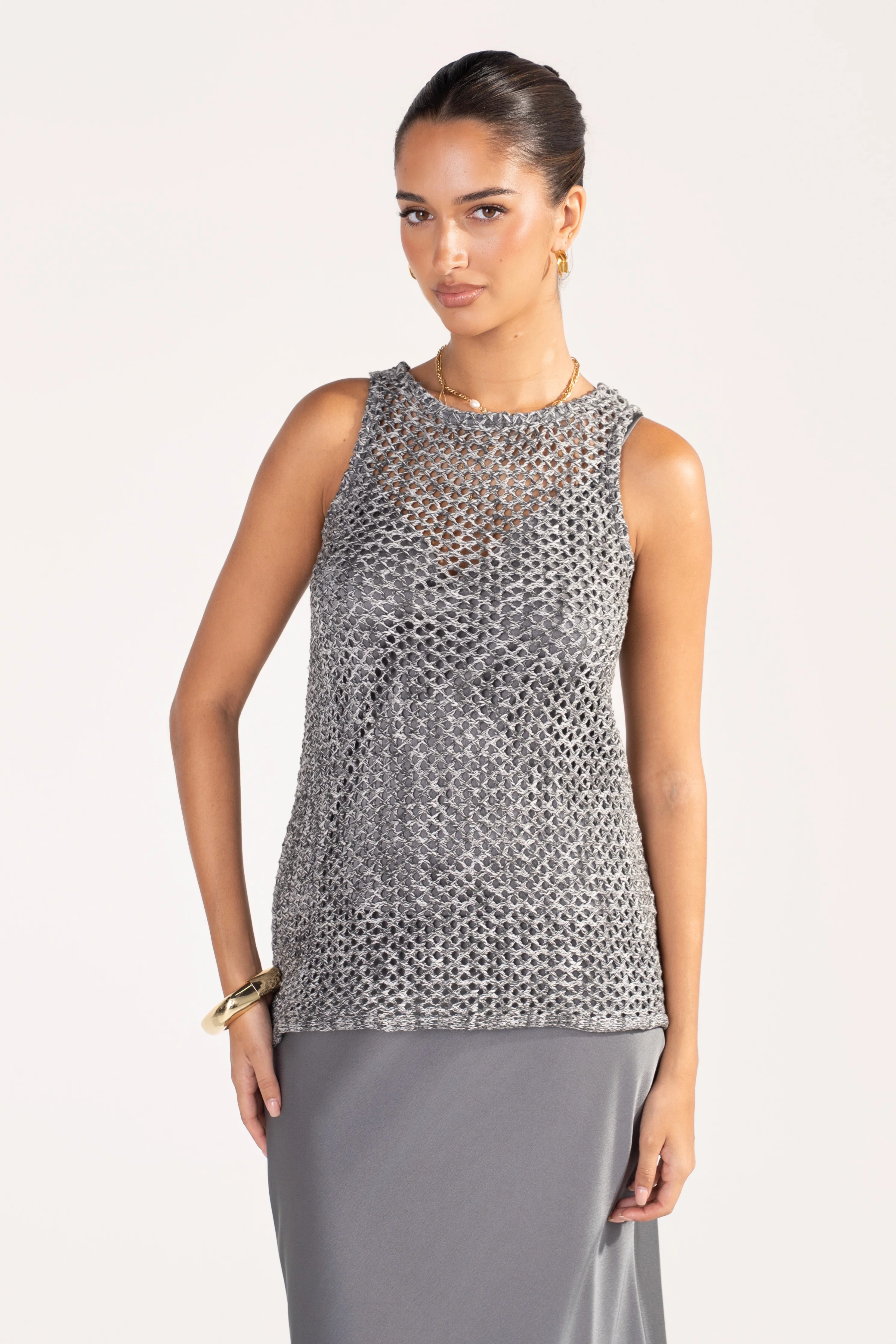 Bernie Silver Metallic Open-Knit Vest, Top & Skirt Set - Image 4