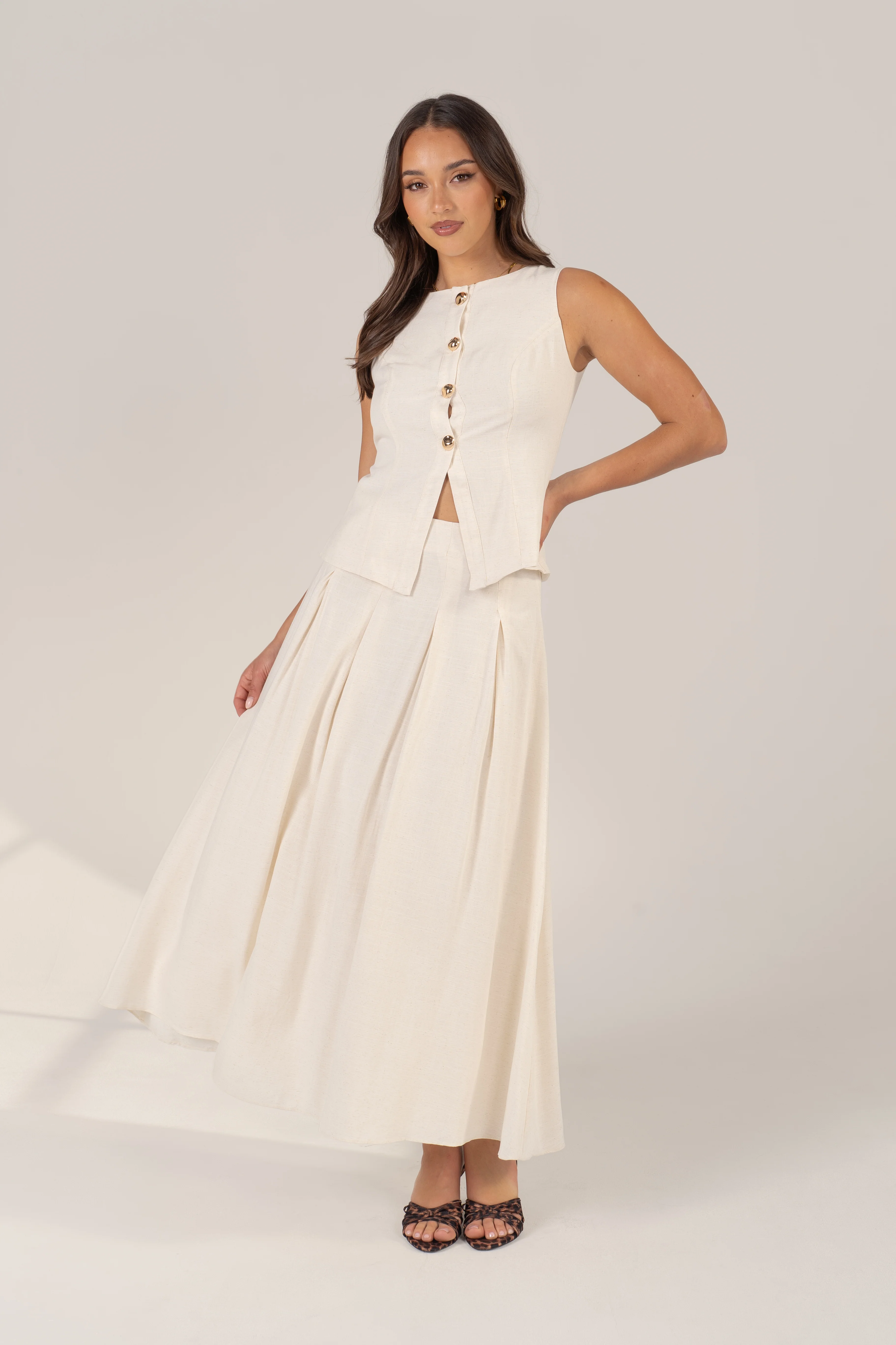 Bethany Set - Vest Top with Gold Buttons & Pleated Maxi Skirt