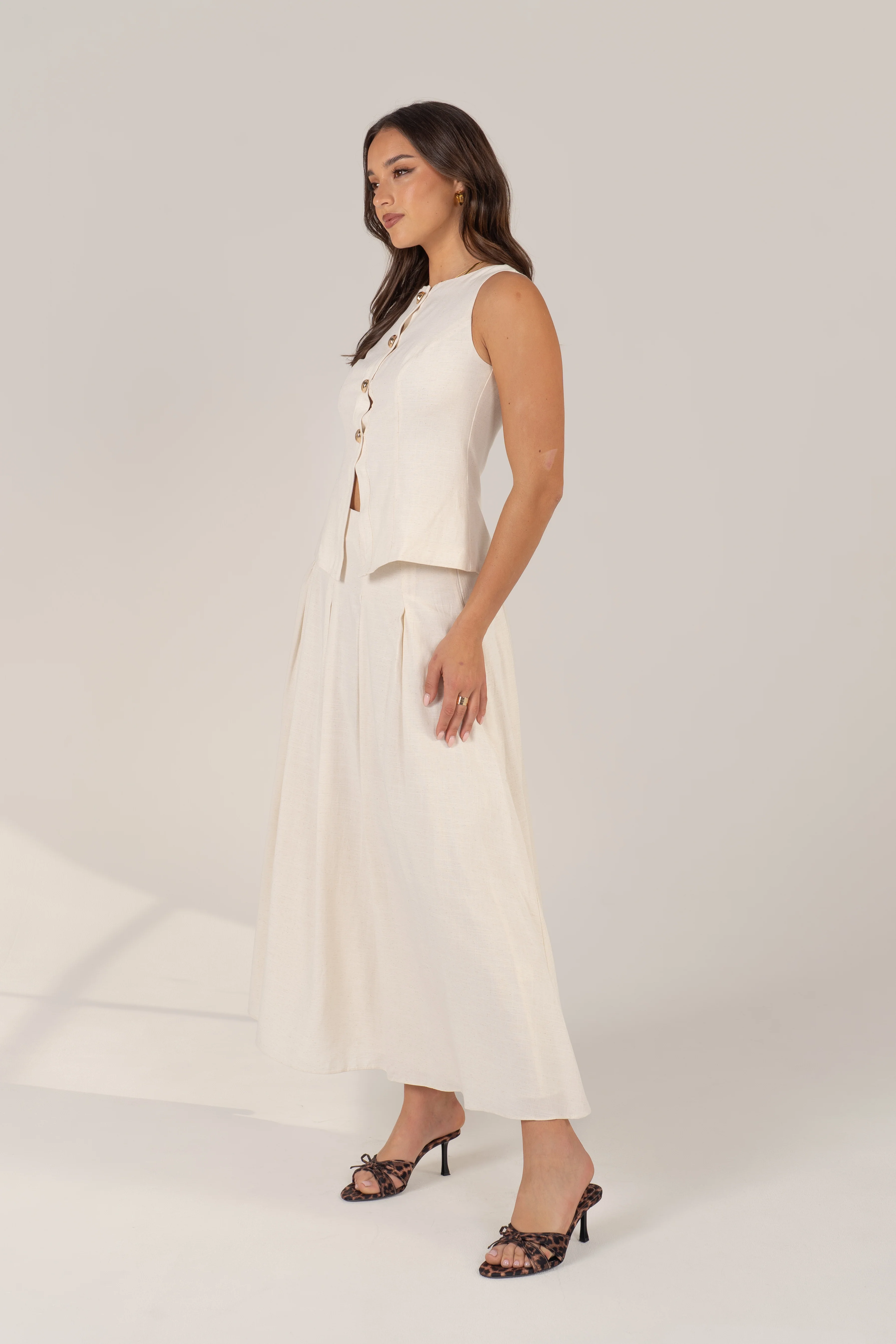 Bethany Set - Vest Top with Gold Buttons & Pleated Maxi Skirt - Image 2