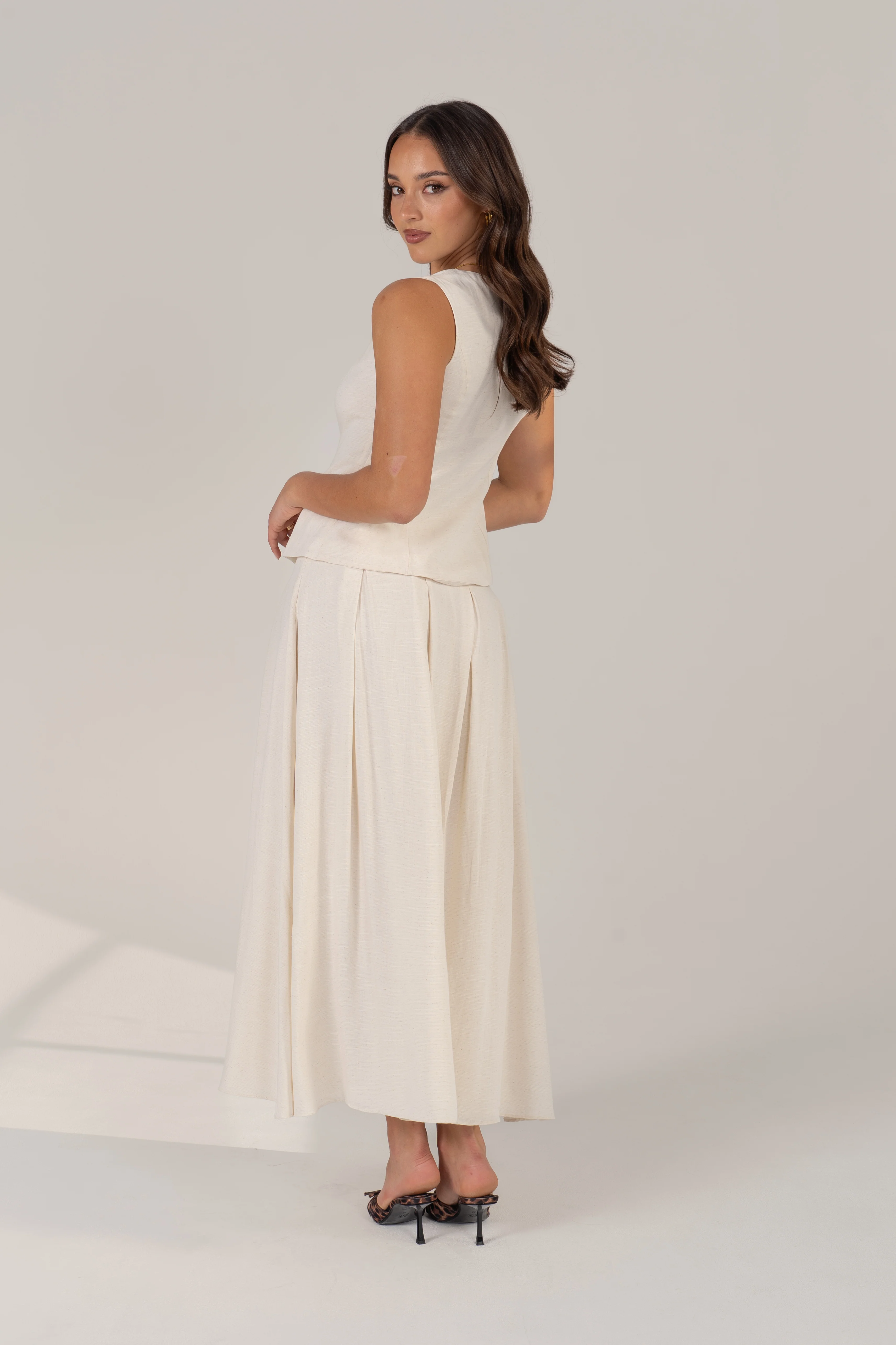 Bethany Set - Vest Top with Gold Buttons & Pleated Maxi Skirt - Image 3