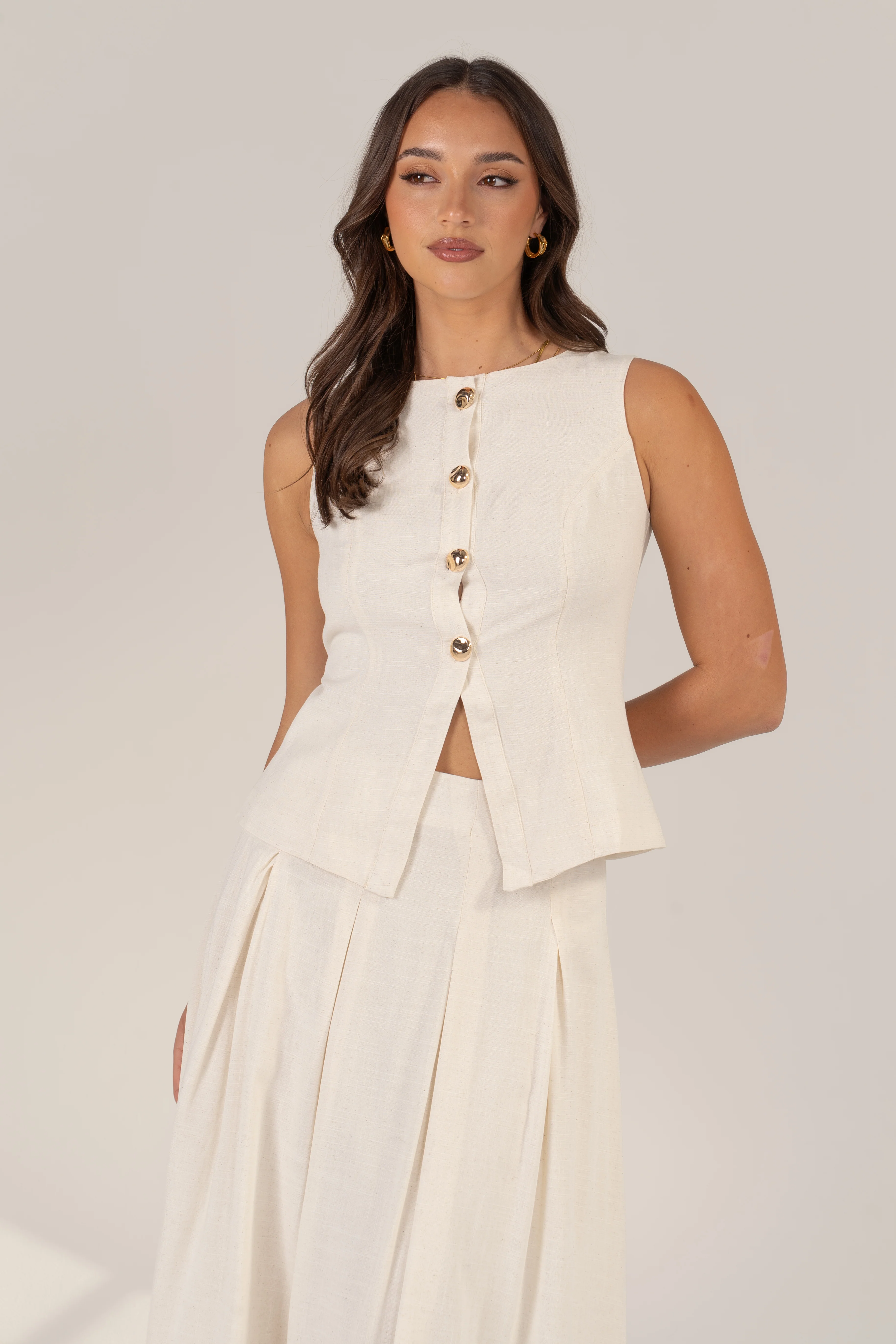 Bethany Set - Vest Top with Gold Buttons & Pleated Maxi Skirt - Image 4