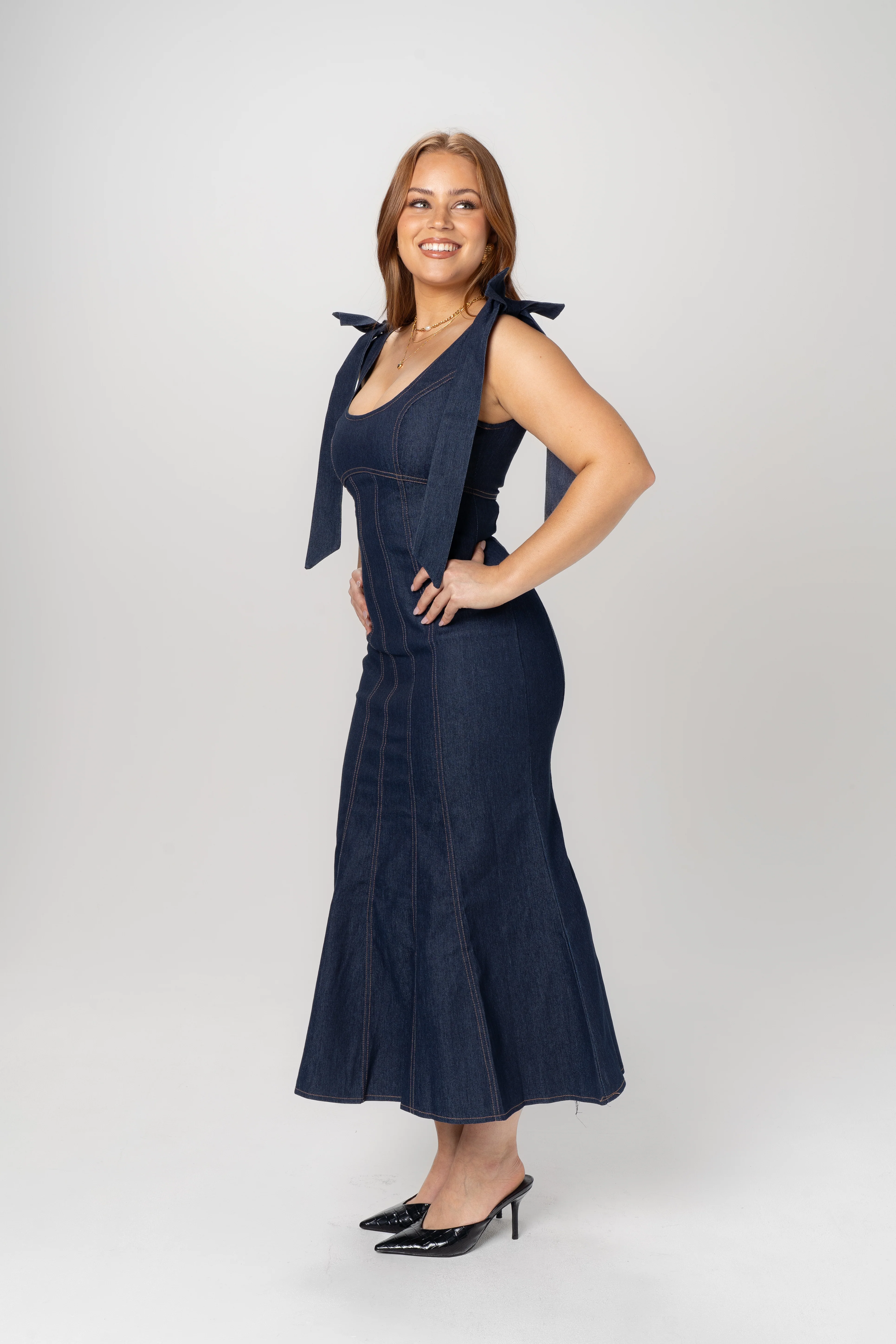Betty Denim Bow Strap Maxi Dress - Image 3