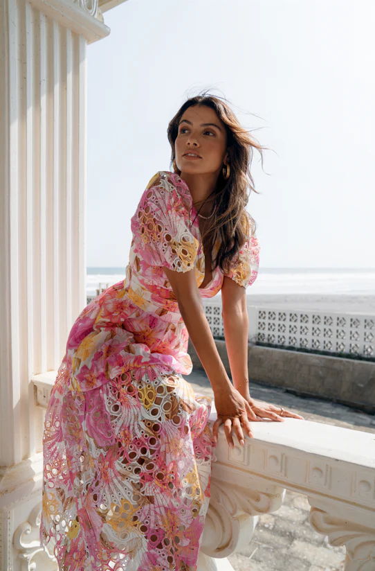 Blossom Pink Print Midi Dress with Puffed Sleeves - Image 5