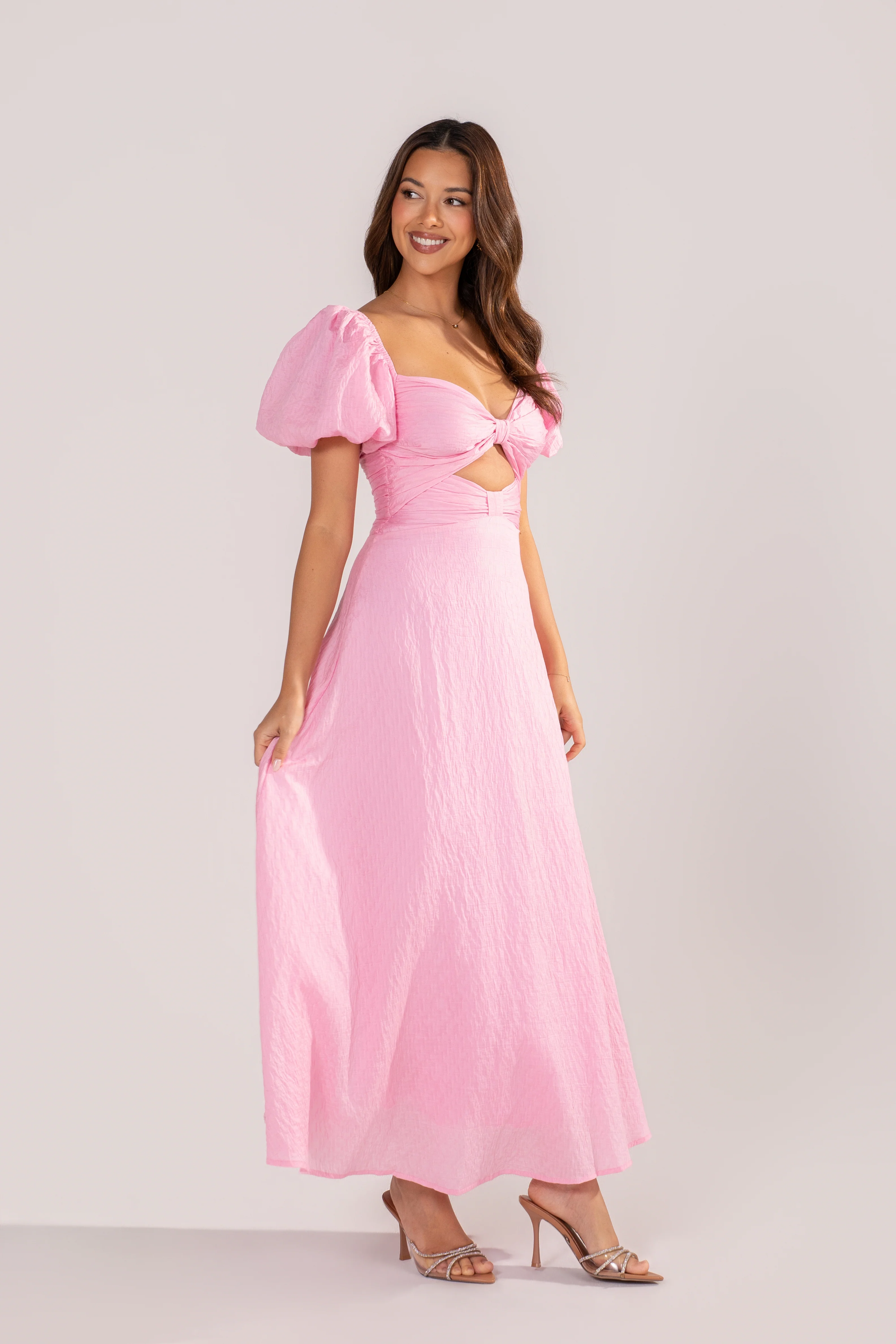 Brinley Classic Pink Puff Sleeve Midi Dress - Image 2