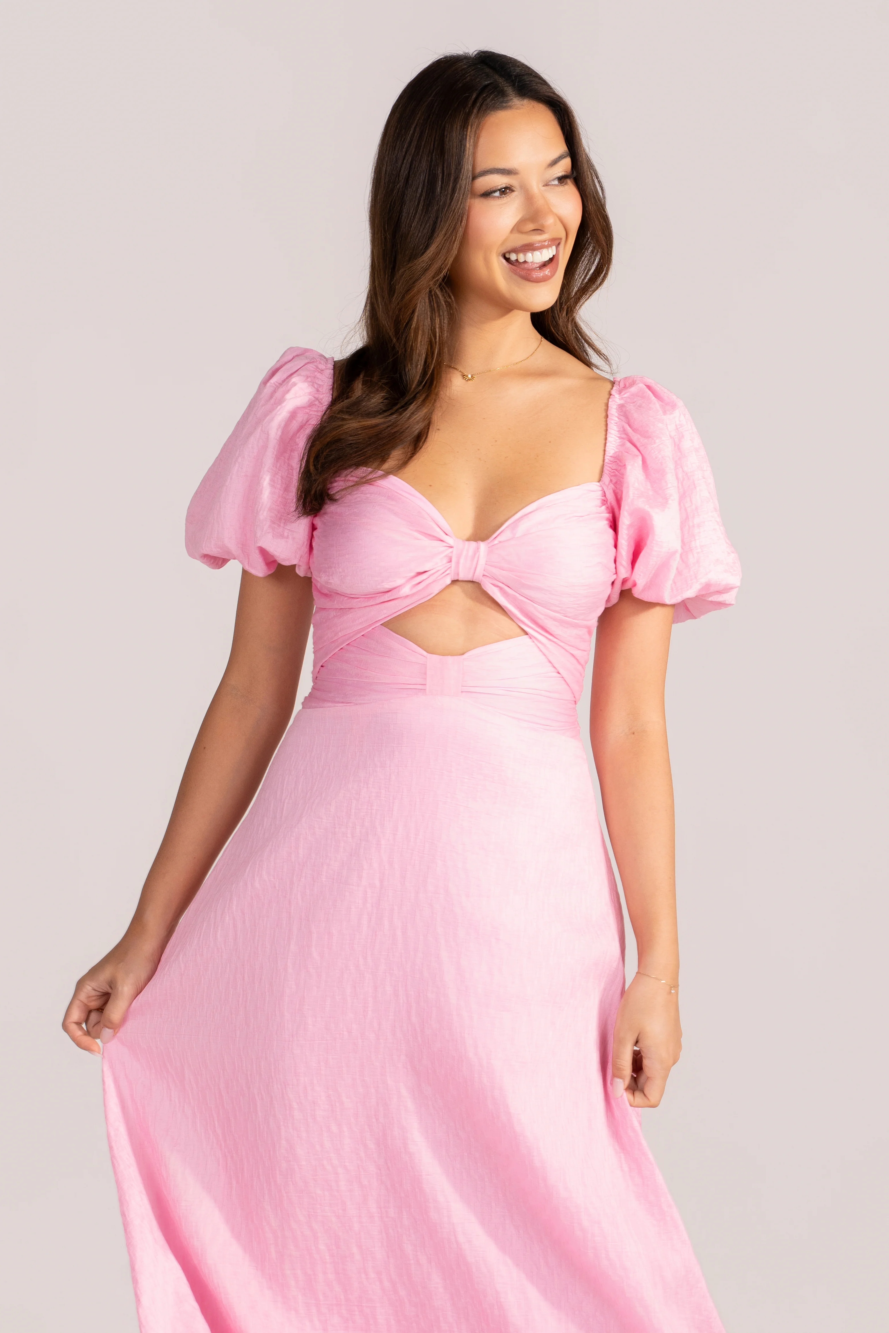 Brinley Classic Pink Puff Sleeve Midi Dress - Image 4