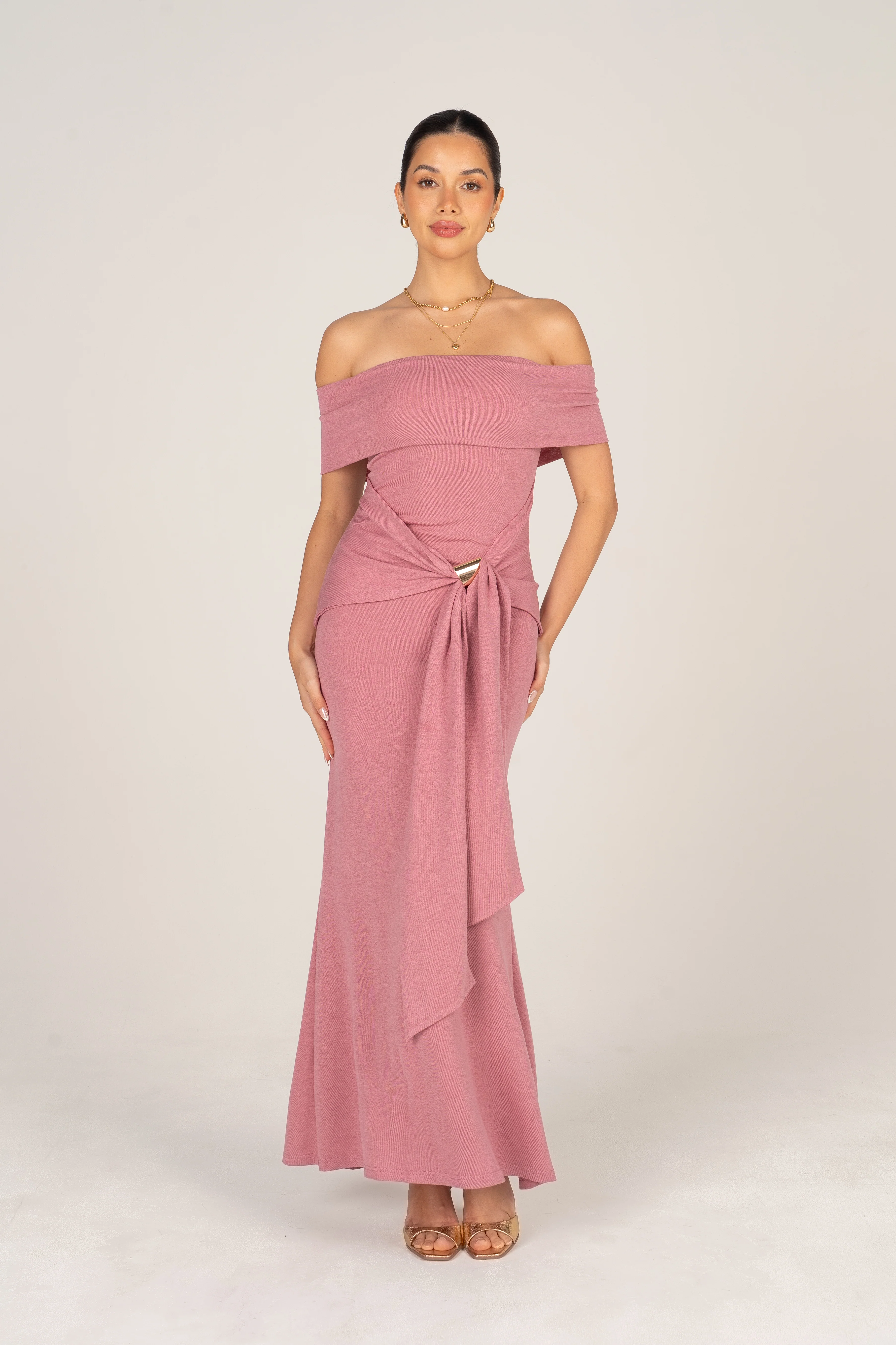 Bronwyn Off-Shoulder Dusty Pink Midi Dress