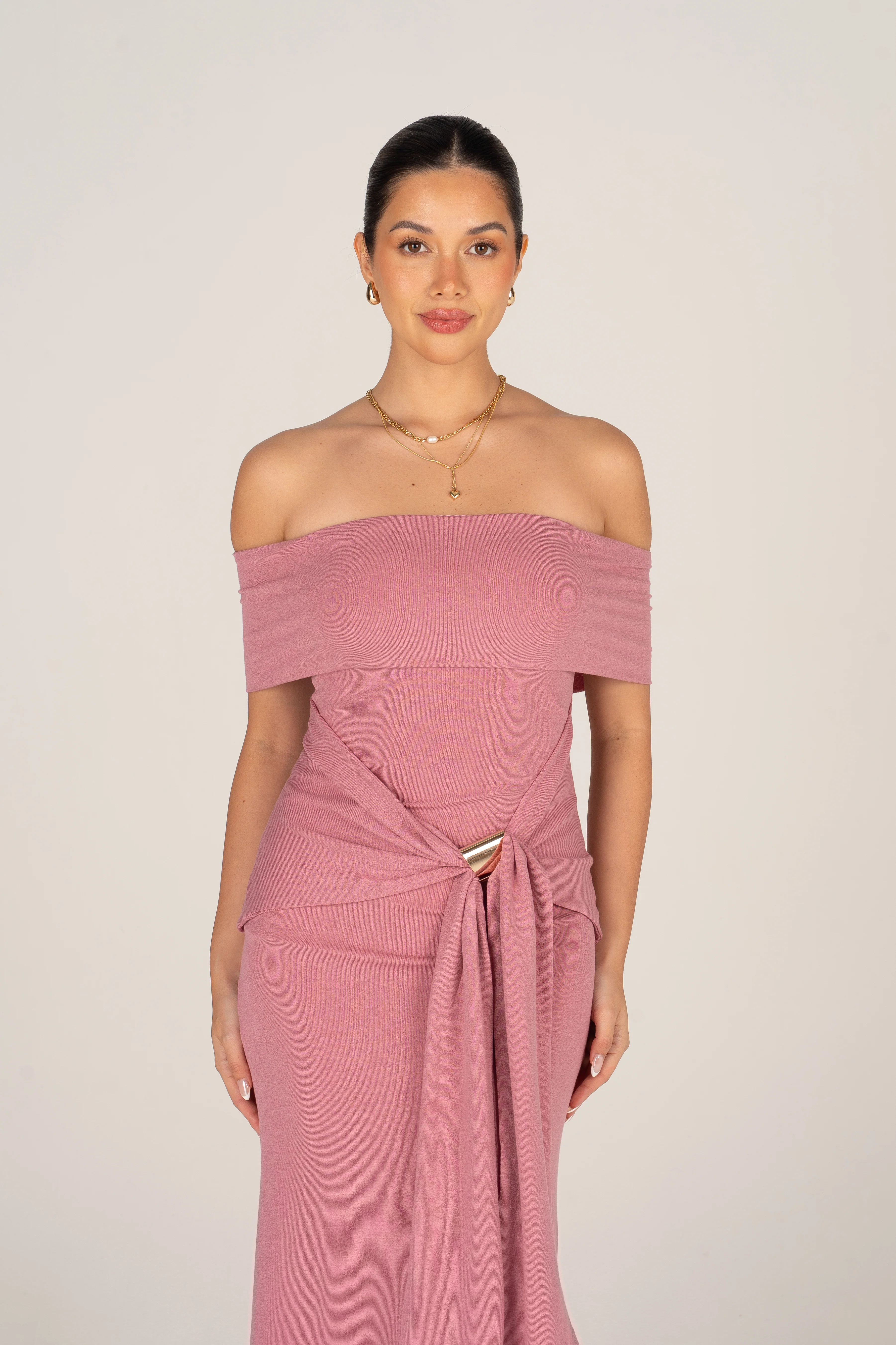 Bronwyn Off-Shoulder Dusty Pink Midi Dress - Image 4