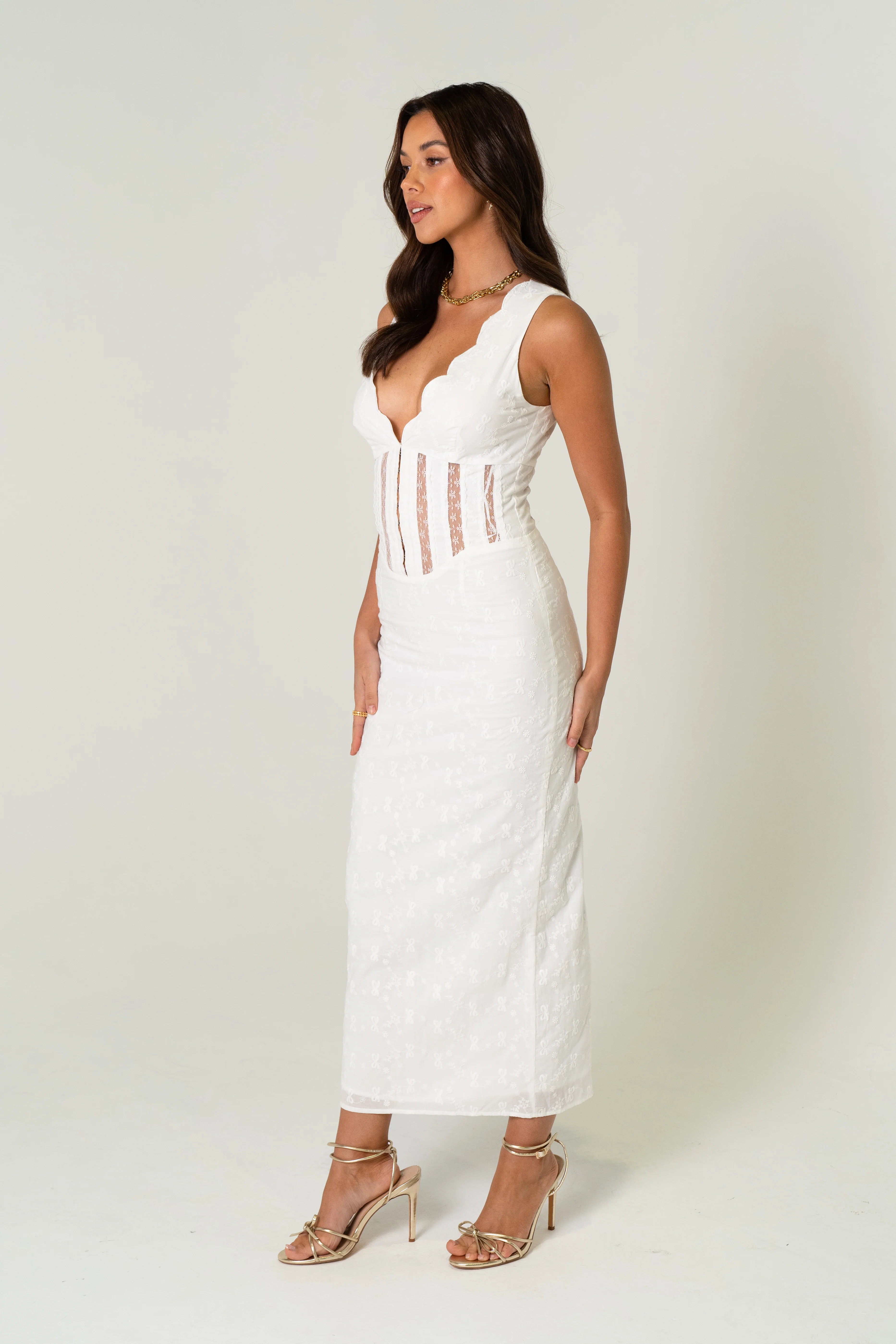 Brooke White Midi Scalloped Edge Dress - Image 3