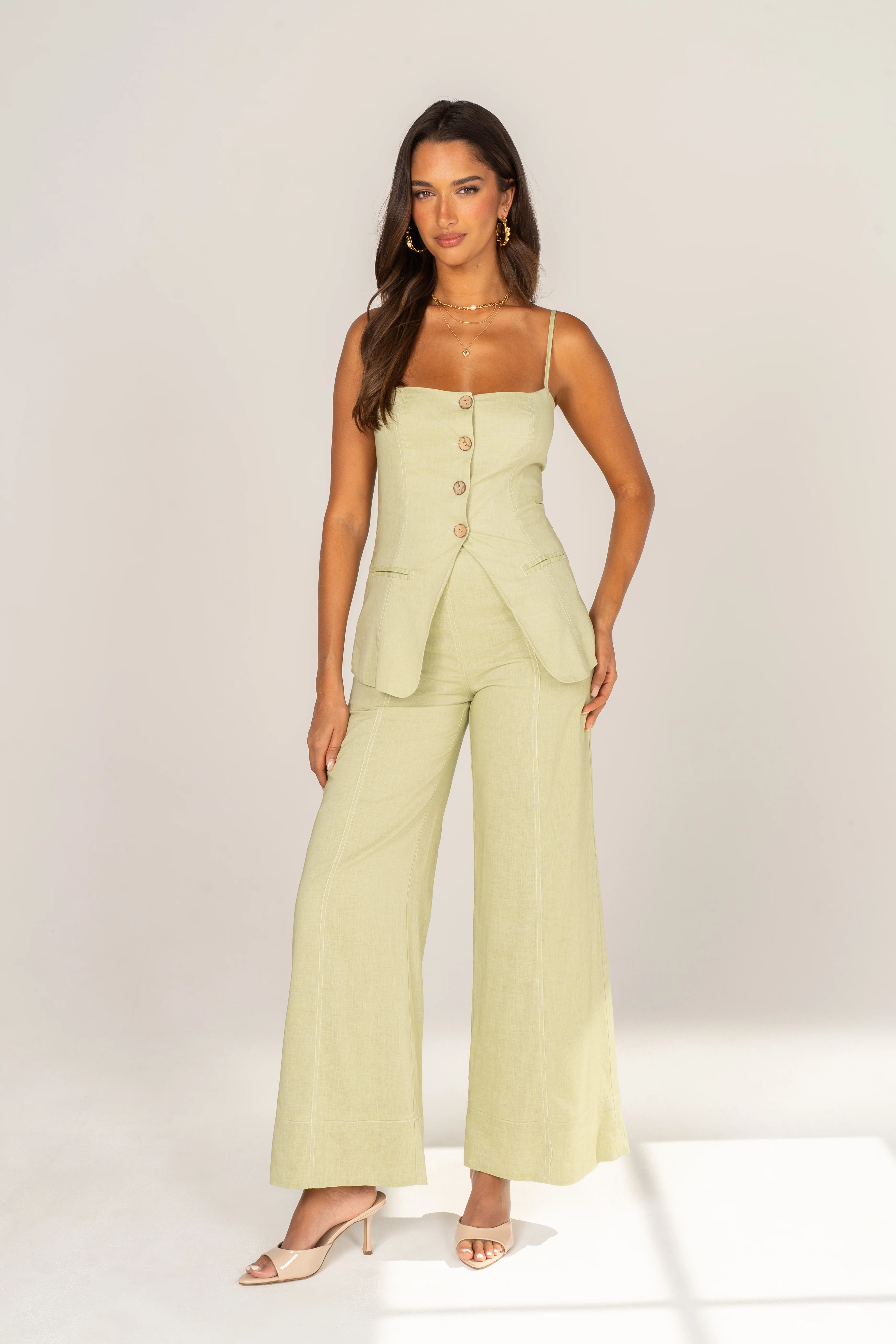Callie Soft Green Peplum Top & Wide Leg Pant Set