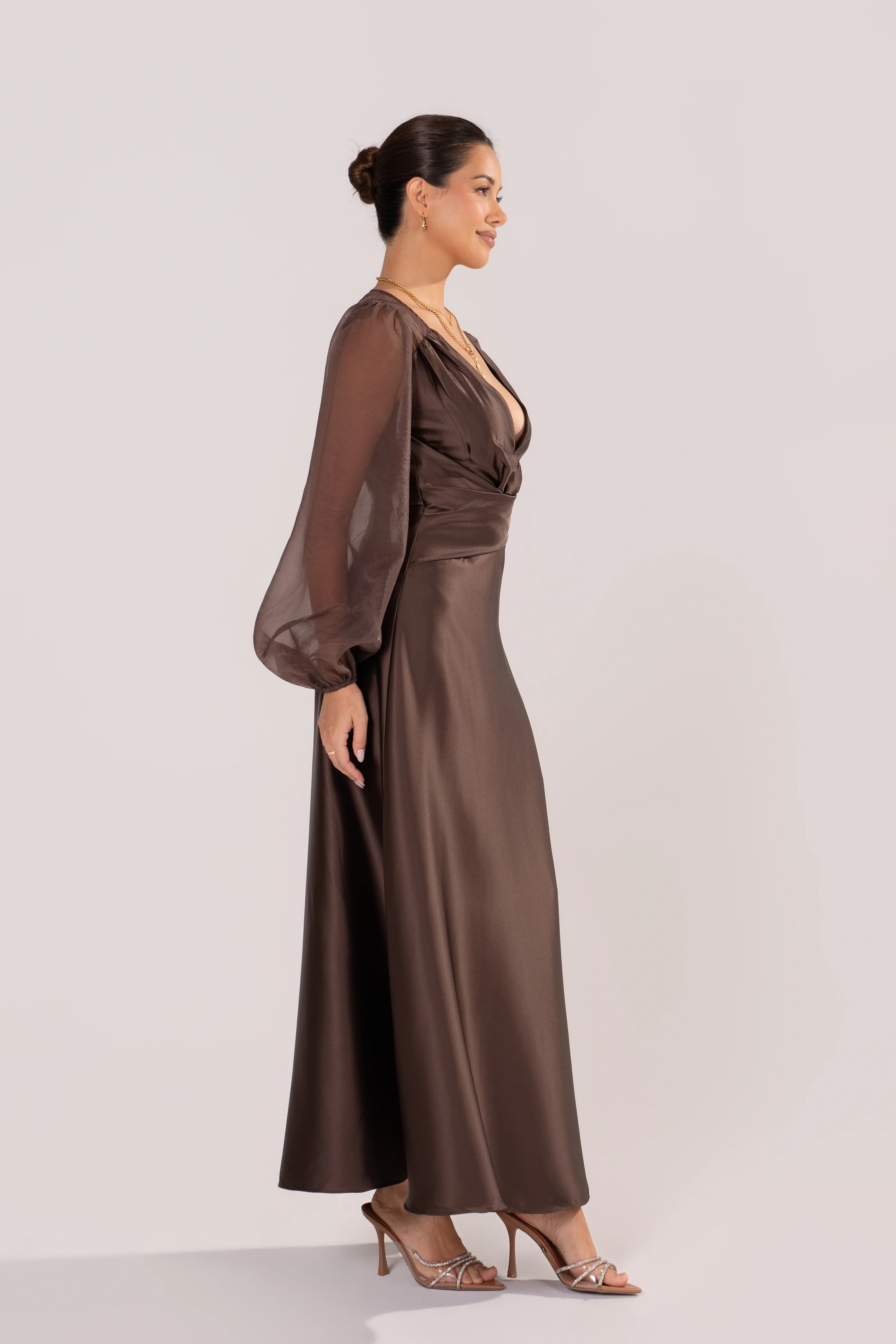 Carlotta Chocolate Maxi Dress with Sheer Billowed Sleeves - Image 2