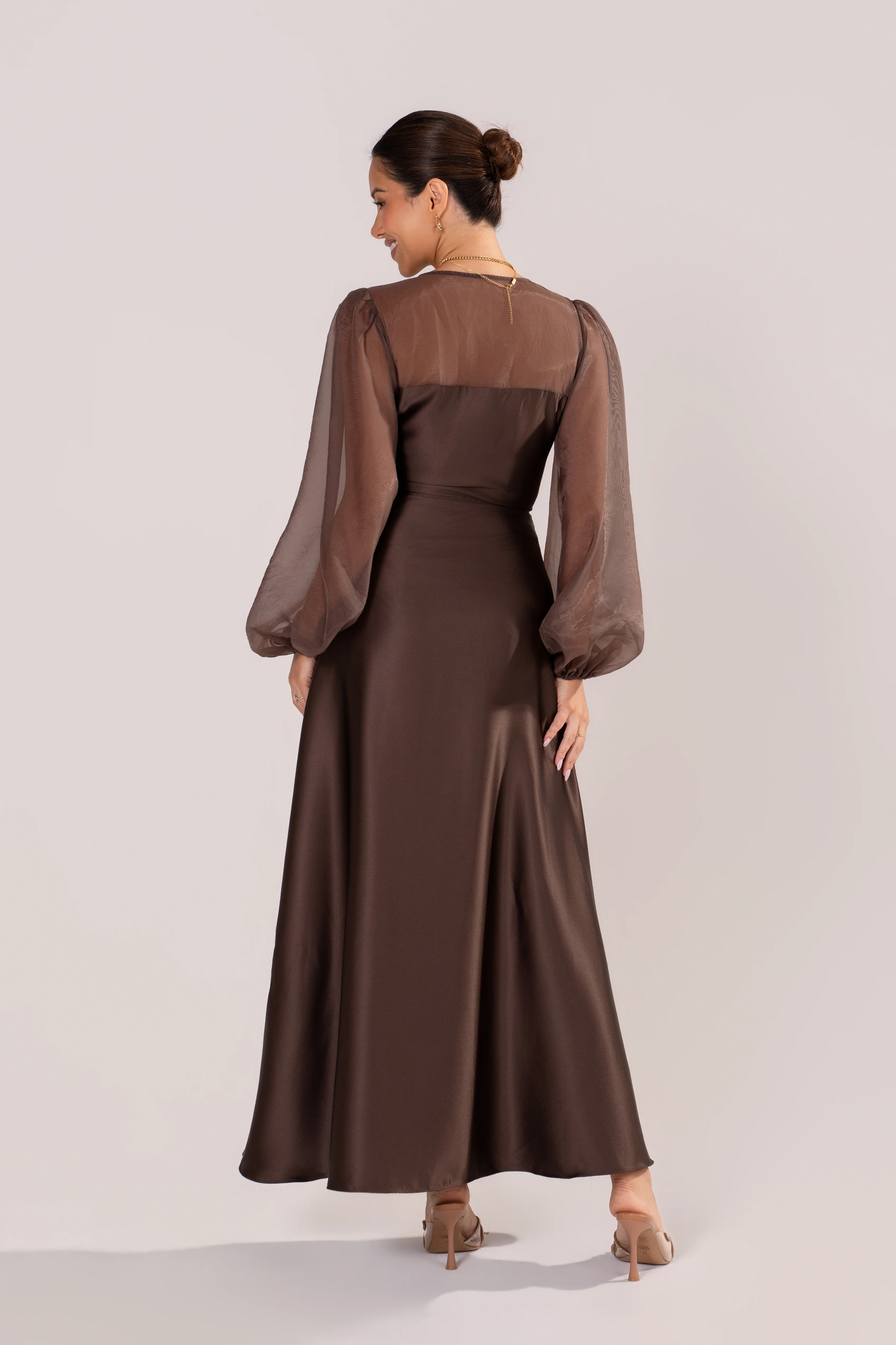 Carlotta Chocolate Maxi Dress with Sheer Billowed Sleeves - Image 3