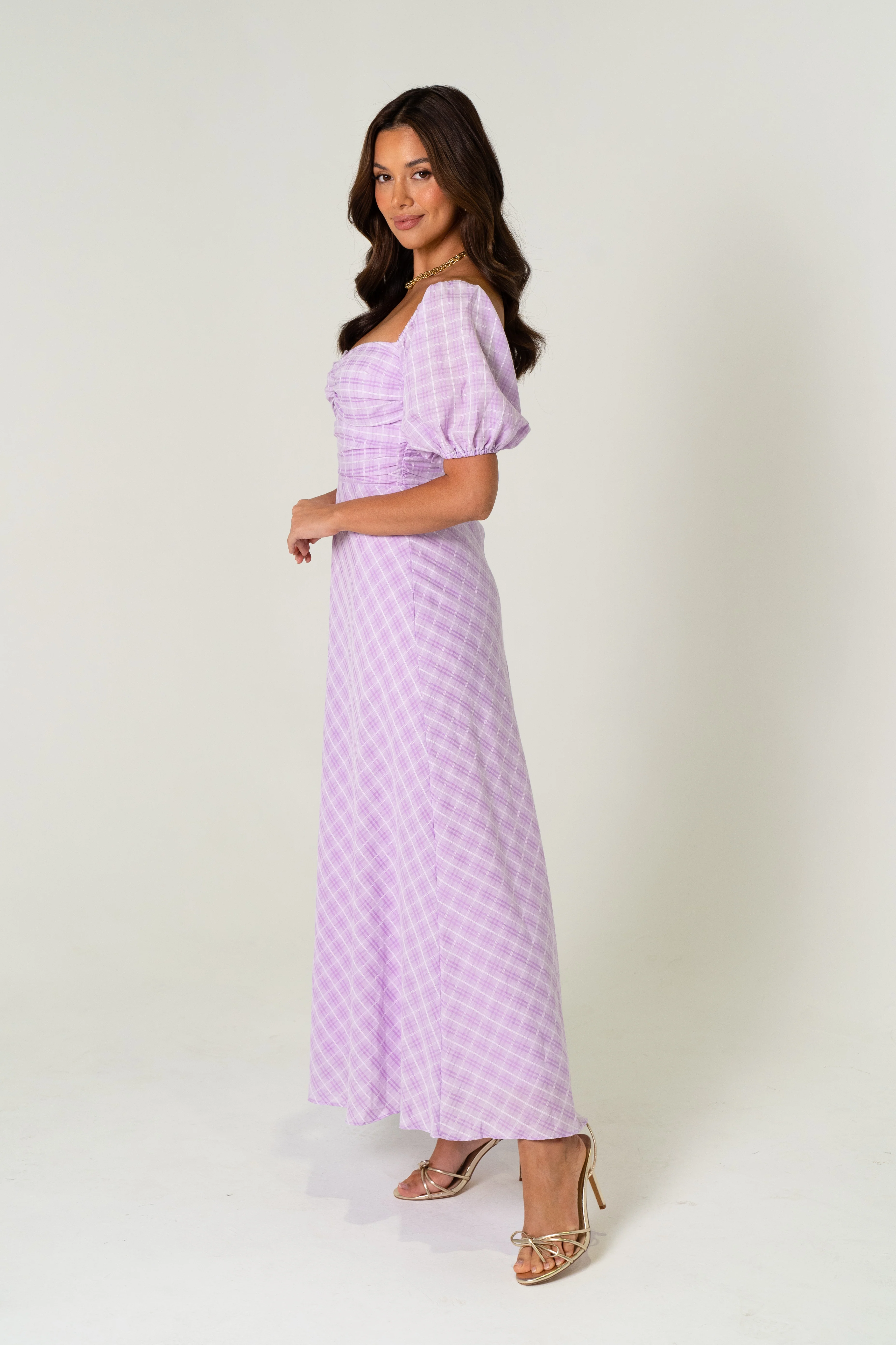 Cassandra Soft Lilac Gingham Maxi Dress - Image 3